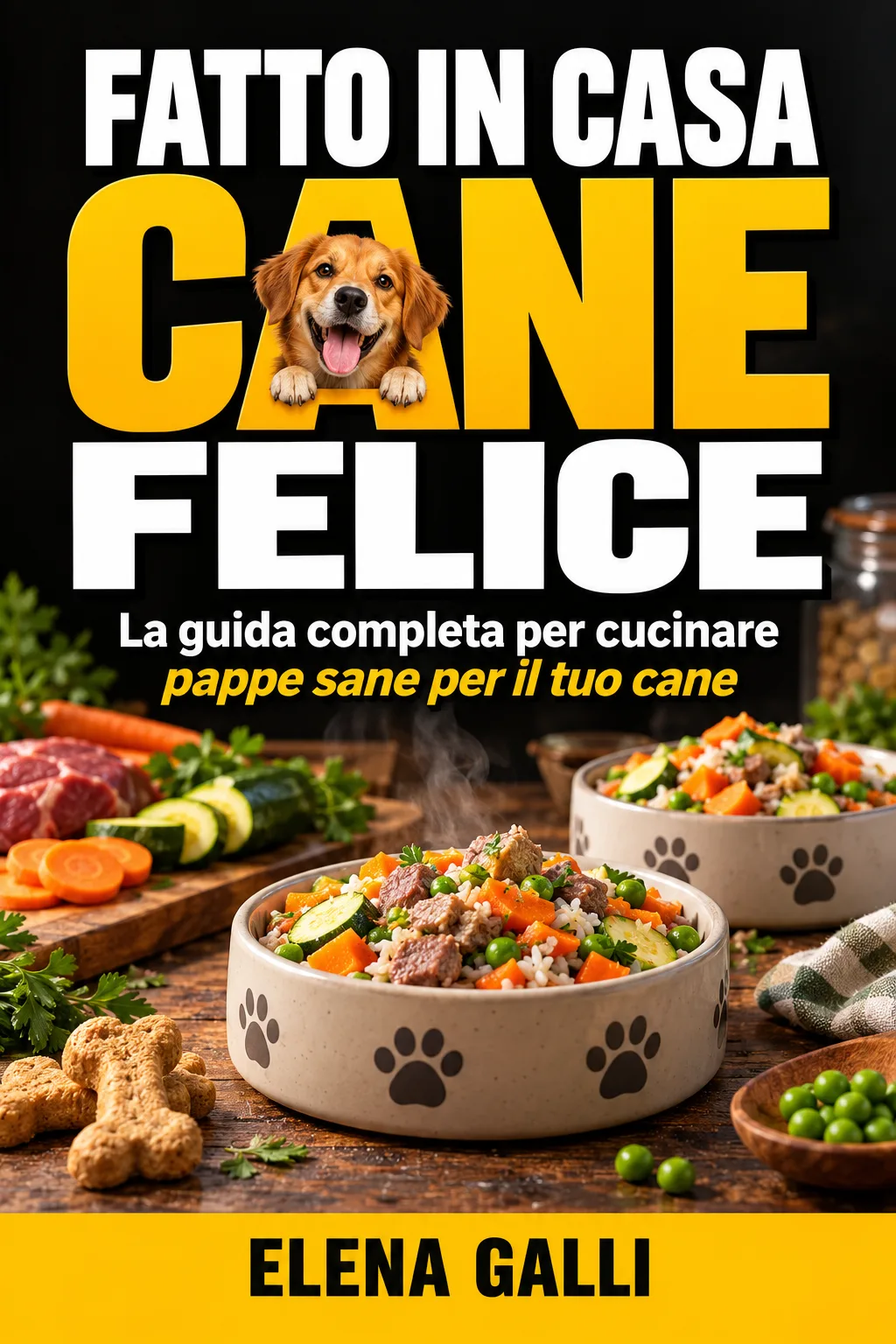 Copertina: «Cane felice», fatto in casa, di Elena Galli: un cane che sbuca dal titolo, ciotole di pappa con carne e verdure su un tavolo di legno