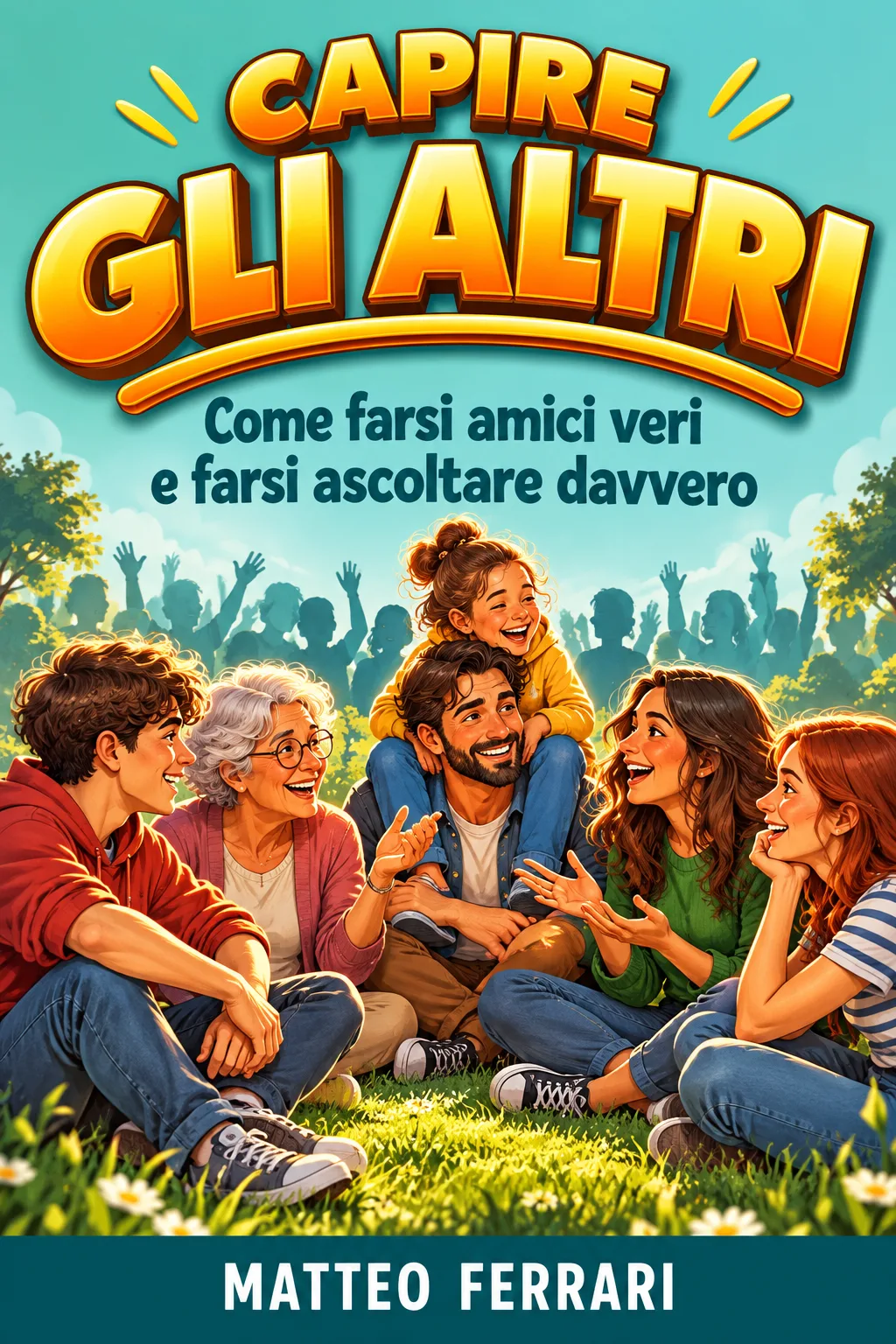 Copertina: «Capire gli altri» di Matteo Ferrari, come farsi amici veri e farsi ascoltare davvero: un gruppo di amici che ridono seduti sul prato