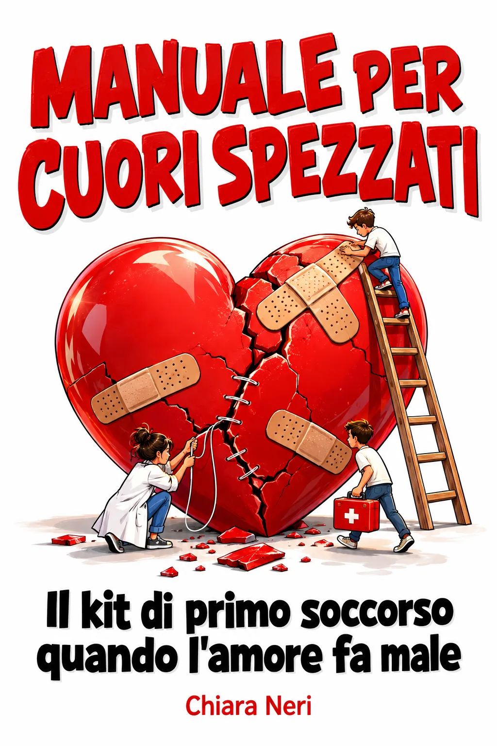 Copertina: «Manuale per cuori spezzati» di Chiara Neri: un cuore rosso incrinato e coperto di cerotti, con degli omini che lo riparano con una scala e la cassetta del pronto soccorso