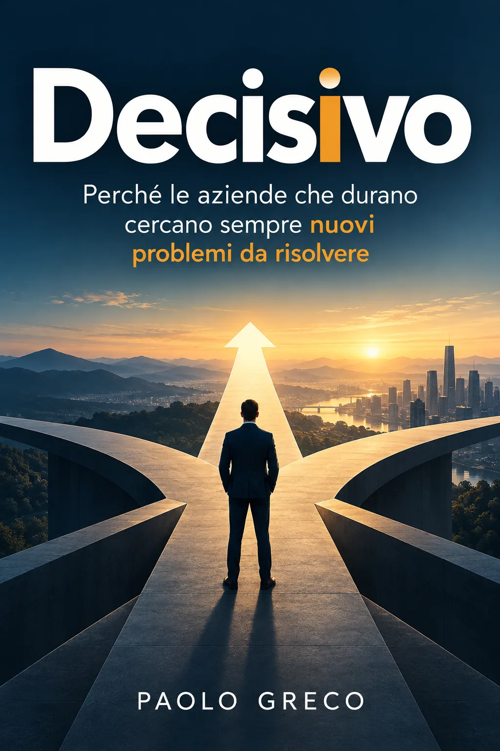 La copertina chiesta in una riga: un uomo in giacca di spalle su una strada a forma di freccia che punta verso una città all’alba