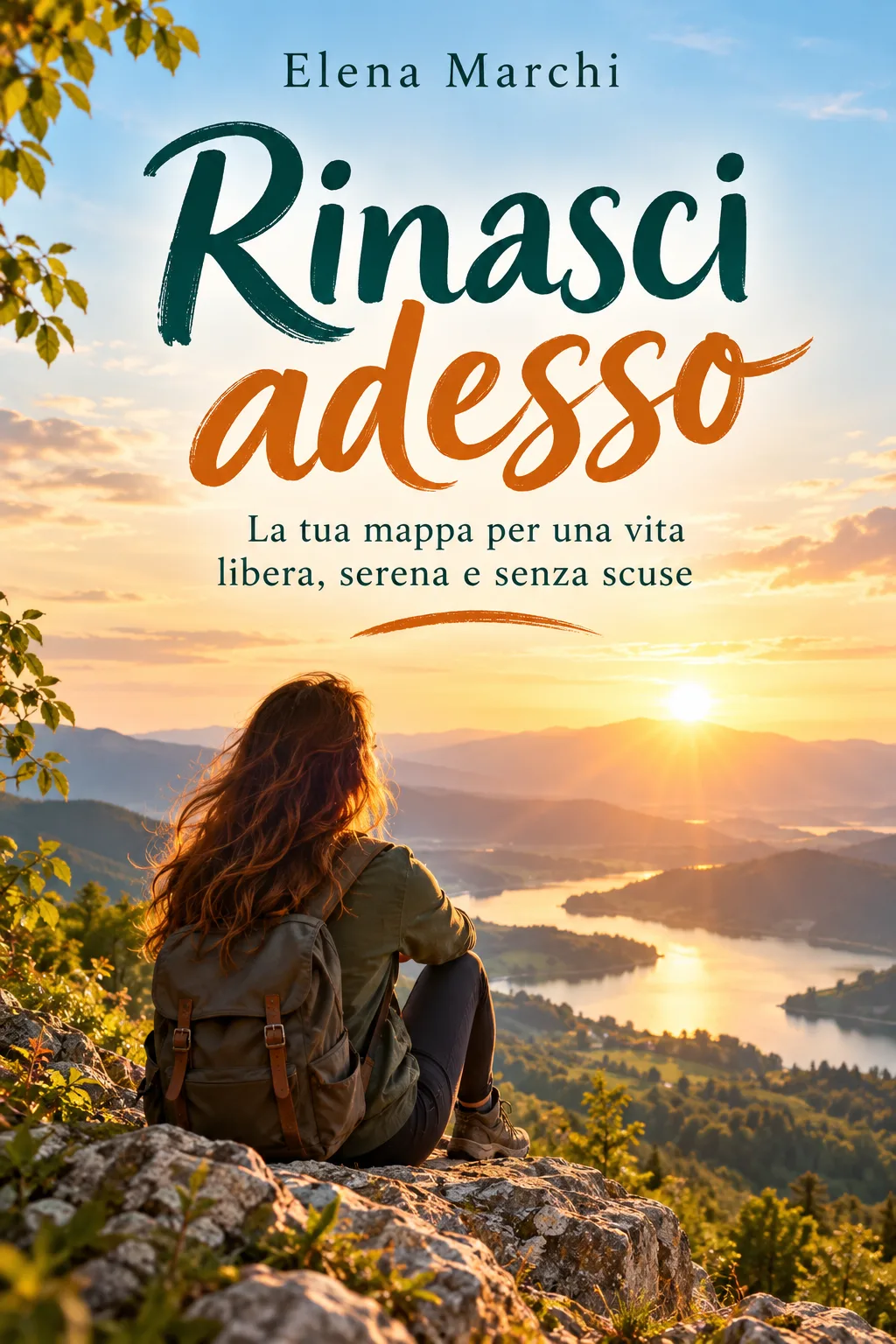 La copertina chiesta in una riga: una ragazza seduta di spalle su una roccia che guarda l’alba su un lago, il titolo in corsivo verde