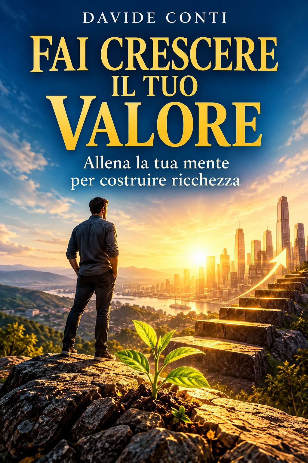 La copertina chiesta in una riga: un uomo di spalle che guarda l’alba dalla cima di una montagna, il titolo in un carattere semplice, l’autore in alto