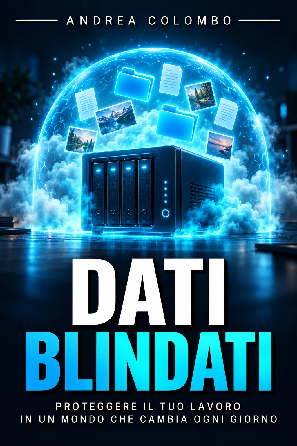 Copertina: «Dati blindati» di Andrea Colombo: un server dentro una cupola di luce azzurra con dei documenti che volano sopra, titolo bianco e azzurro