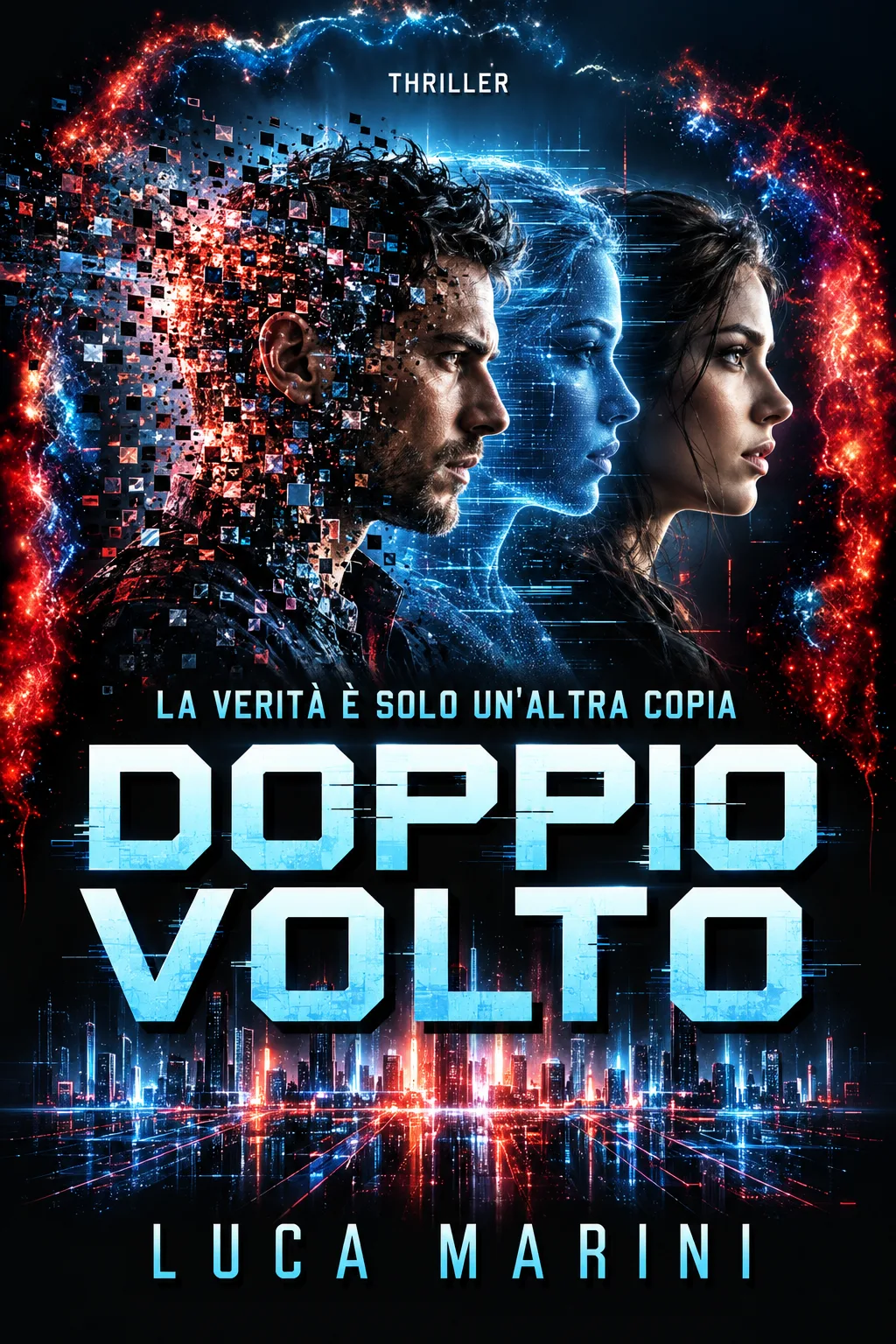 Copertina: «Doppio volto» di Luca Marini: due volti che si sfaldano in pixel su una città di notte, titolo azzurro luminoso