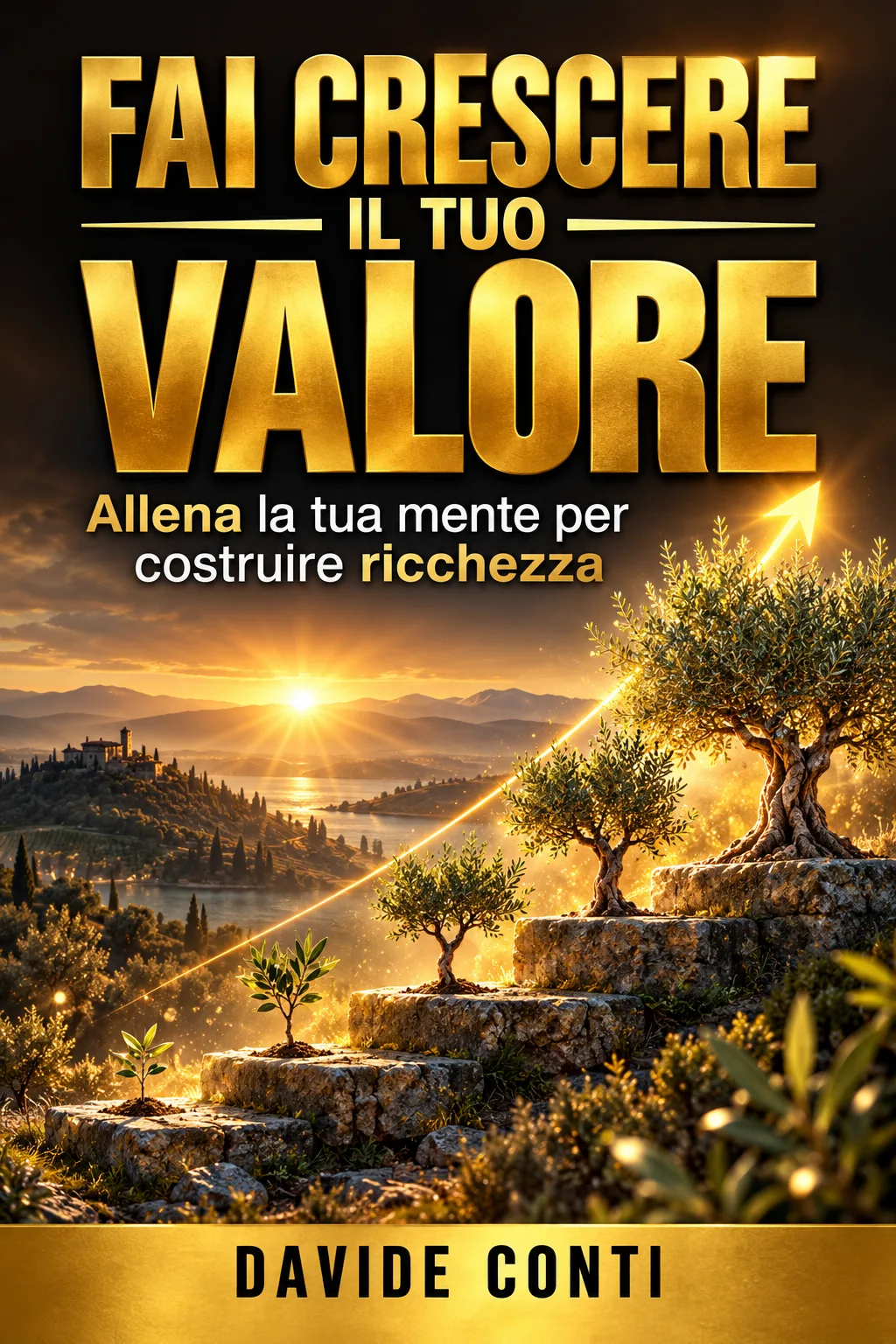 Copertina: «Fai crescere il tuo valore» di Davide Conti: titolo oro su tre righe, ulivi sui gradini di una collina al tramonto, fascia oro in fondo col nome
