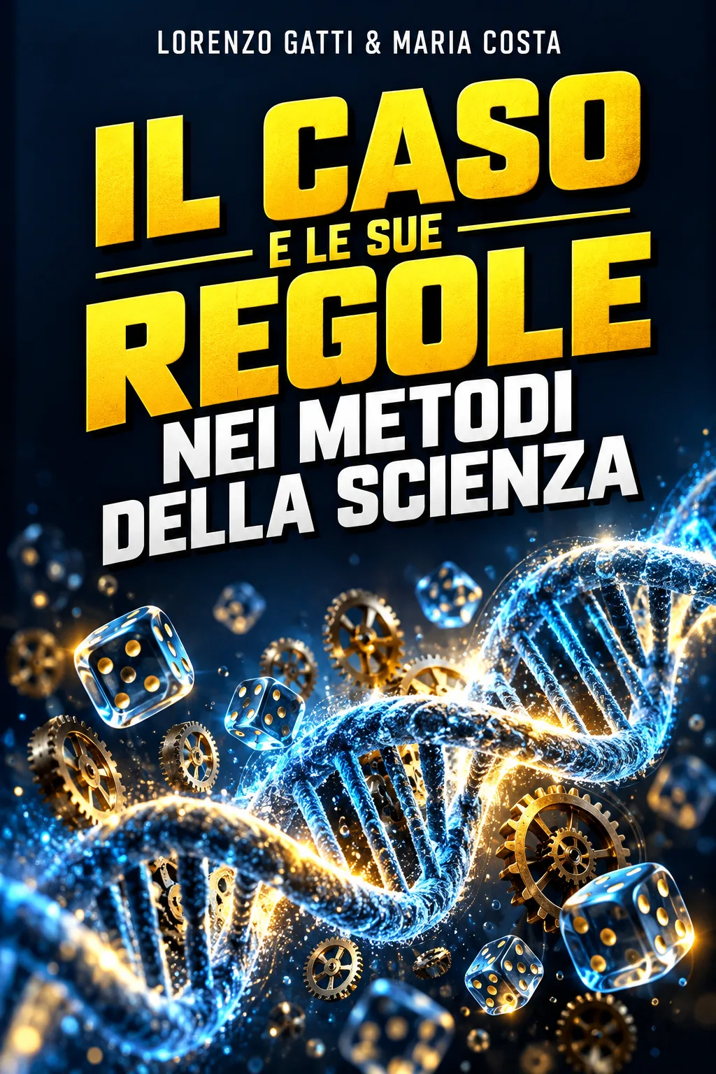 Copertina: «Il caso e le sue regole nei metodi della scienza» di Lorenzo Gatti e Maria Costa: un’elica di DNA luminosa tra dadi e ingranaggi su fondo blu notte