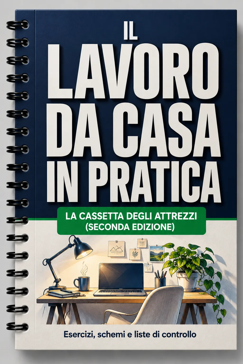 Copertina: «Il lavoro da casa in pratica»: un quaderno ad anelli con il titolo grande e una scrivania con il portatile e la lampada