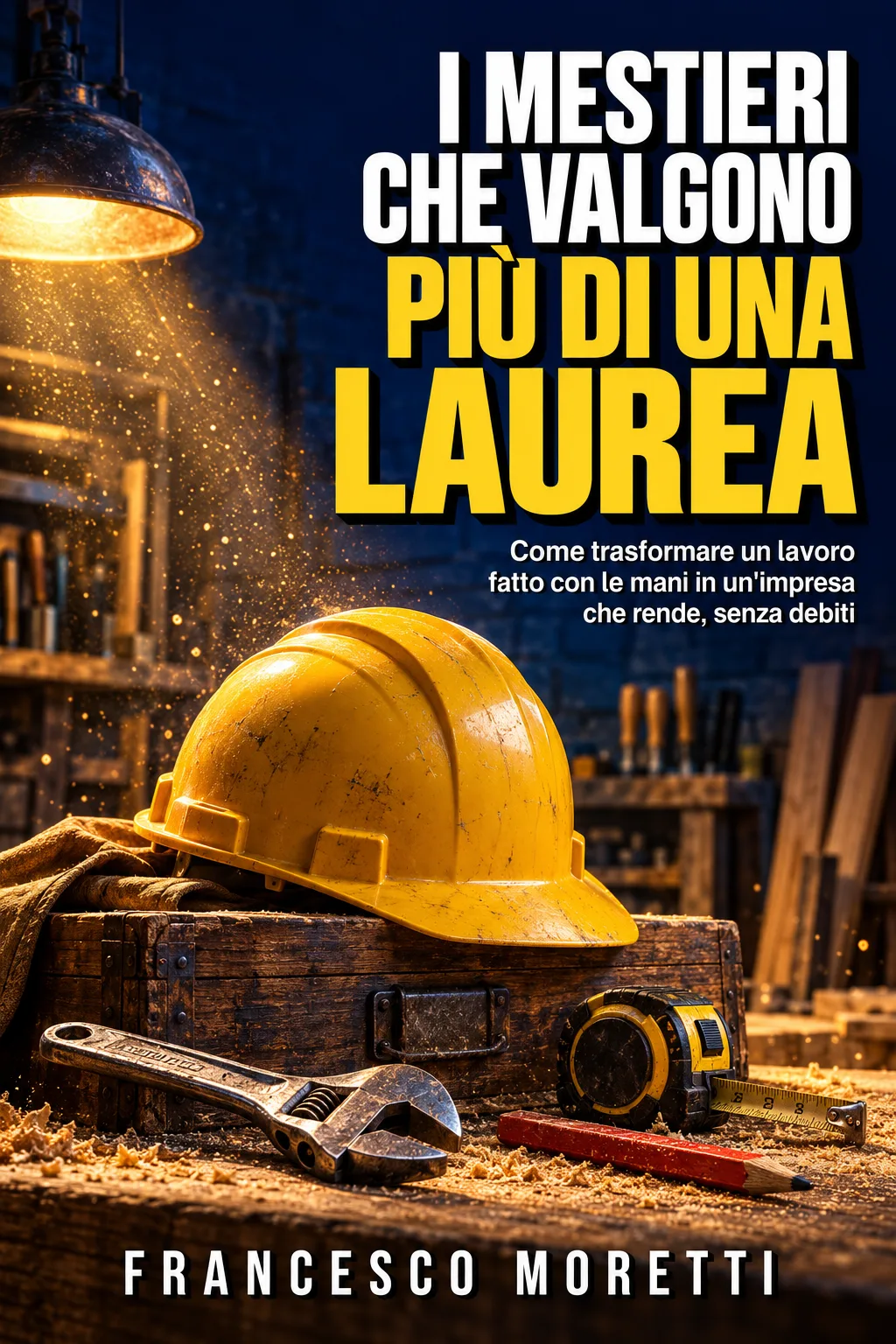 Copertina: «I mestieri che valgono più di una laurea» di Francesco Moretti: un elmetto giallo e gli attrezzi su un banco da lavoro sotto una lampada