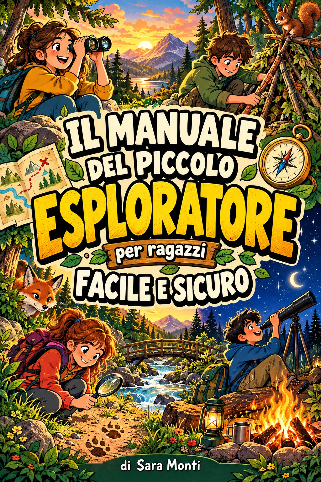 Copertina: «Il manuale del piccolo esploratore» di Sara Monti: bambini col binocolo, la lente e il telescopio in un bosco, il fuoco da campo e le montagne, titolo a fumetto