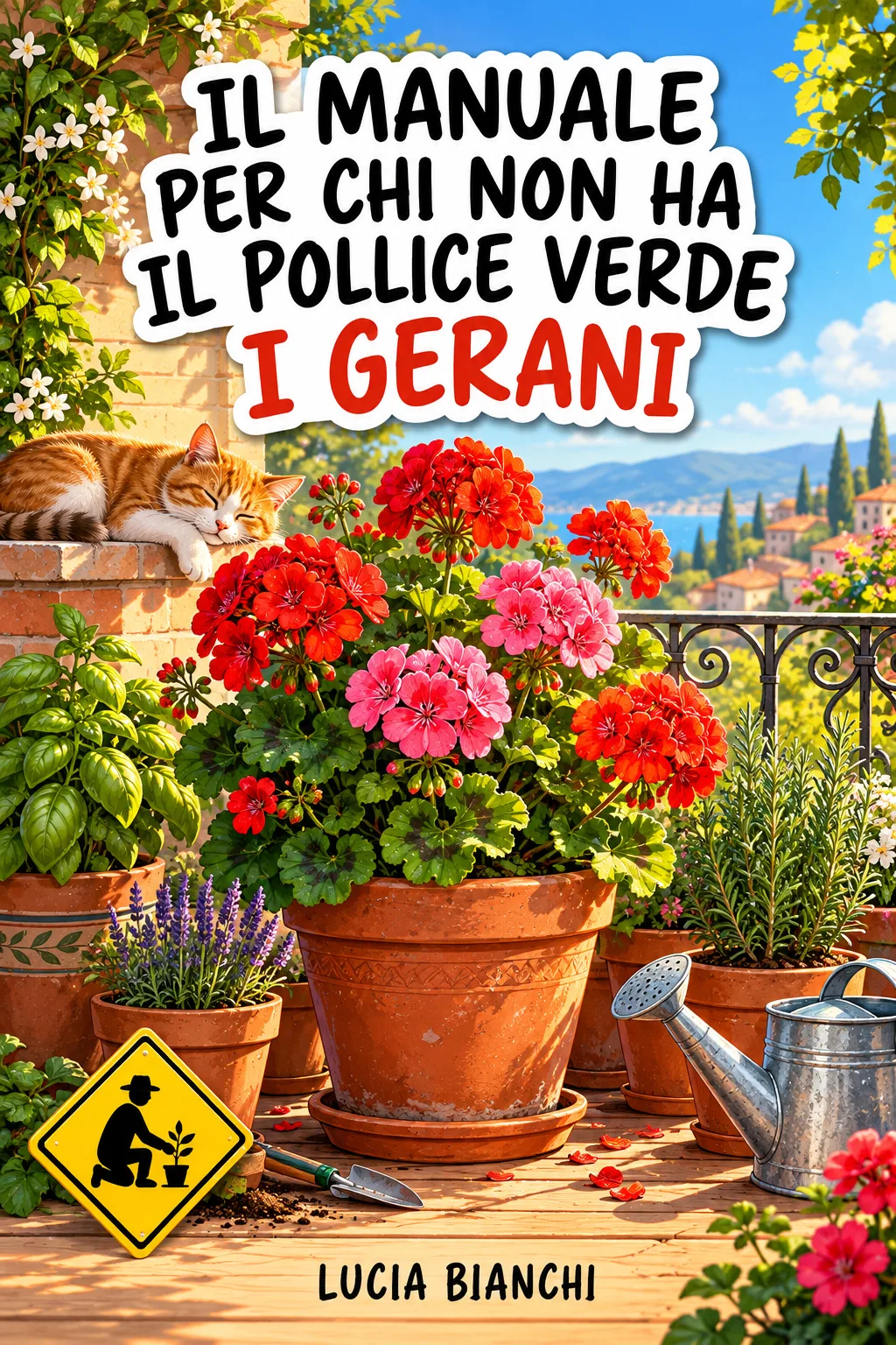 Copertina: «Il manuale per chi non ha il pollice verde: i gerani» di Lucia Bianchi: vasi di gerani rossi e rosa su un balcone sul mare, un gatto che dorme