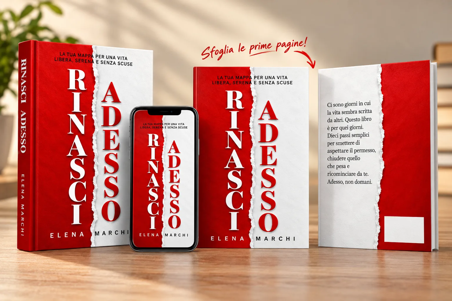 «Rinasci adesso» rigido, sullo schermo di un telefono come ebook, in piedi con la scritta a mano «Sfoglia le prime pagine!» e il retro, su un tavolo di legno