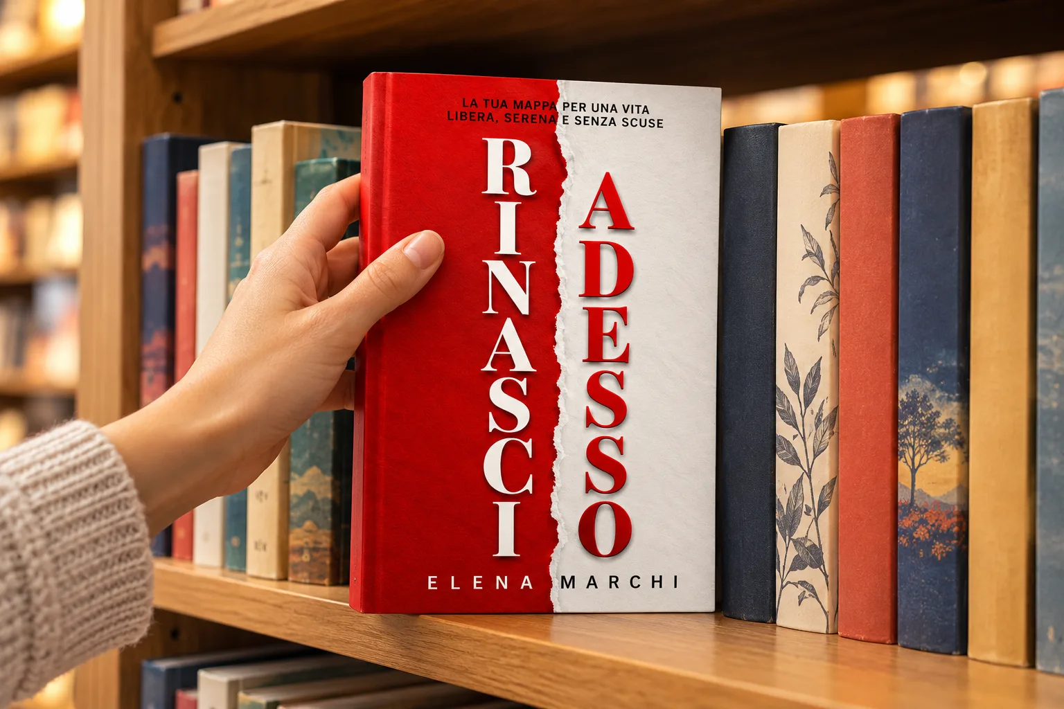 Una mano che prende «Rinasci adesso» dallo scaffale di una libreria, tra altri libri