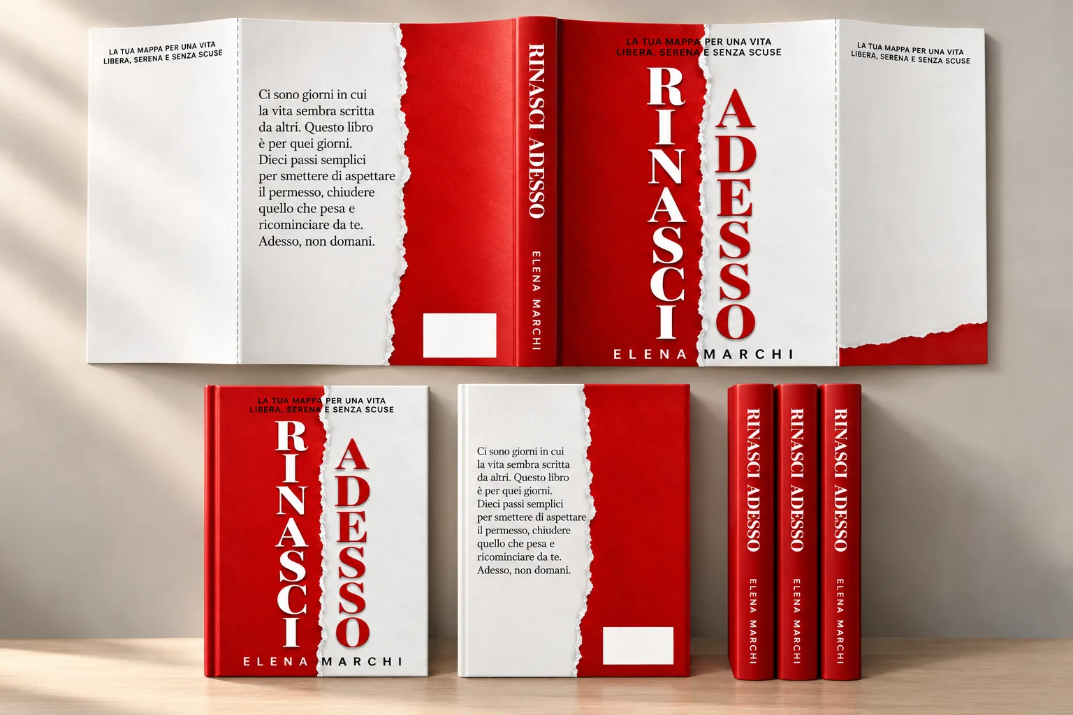 La sovraccoperta intera di «Rinasci adesso» di Elena Marchi stesa piatta: risvolto, retro col testo di presentazione, costa, fronte rosso e bianco diviso da uno strappo di carta, risvolto; sotto, il fronte, il retro e tre coste in fila