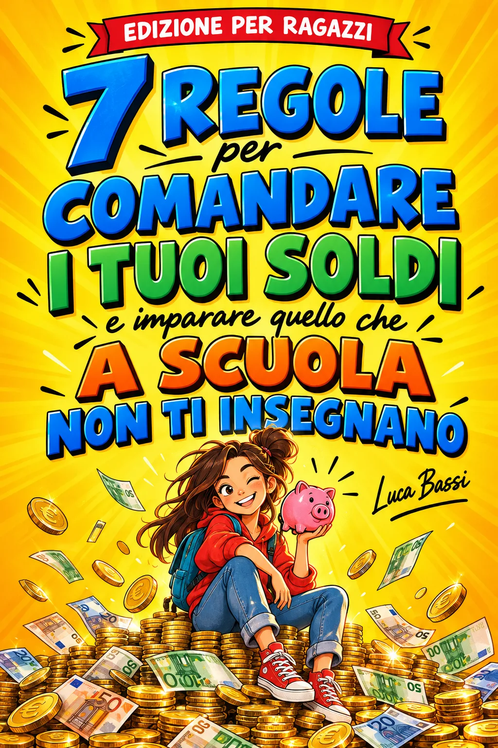 Copertina: «7 regole per comandare i tuoi soldi», edizione per ragazzi, di Luca Bassi: una ragazza seduta su una montagna di monete col salvadanaio, titolo a fumetto