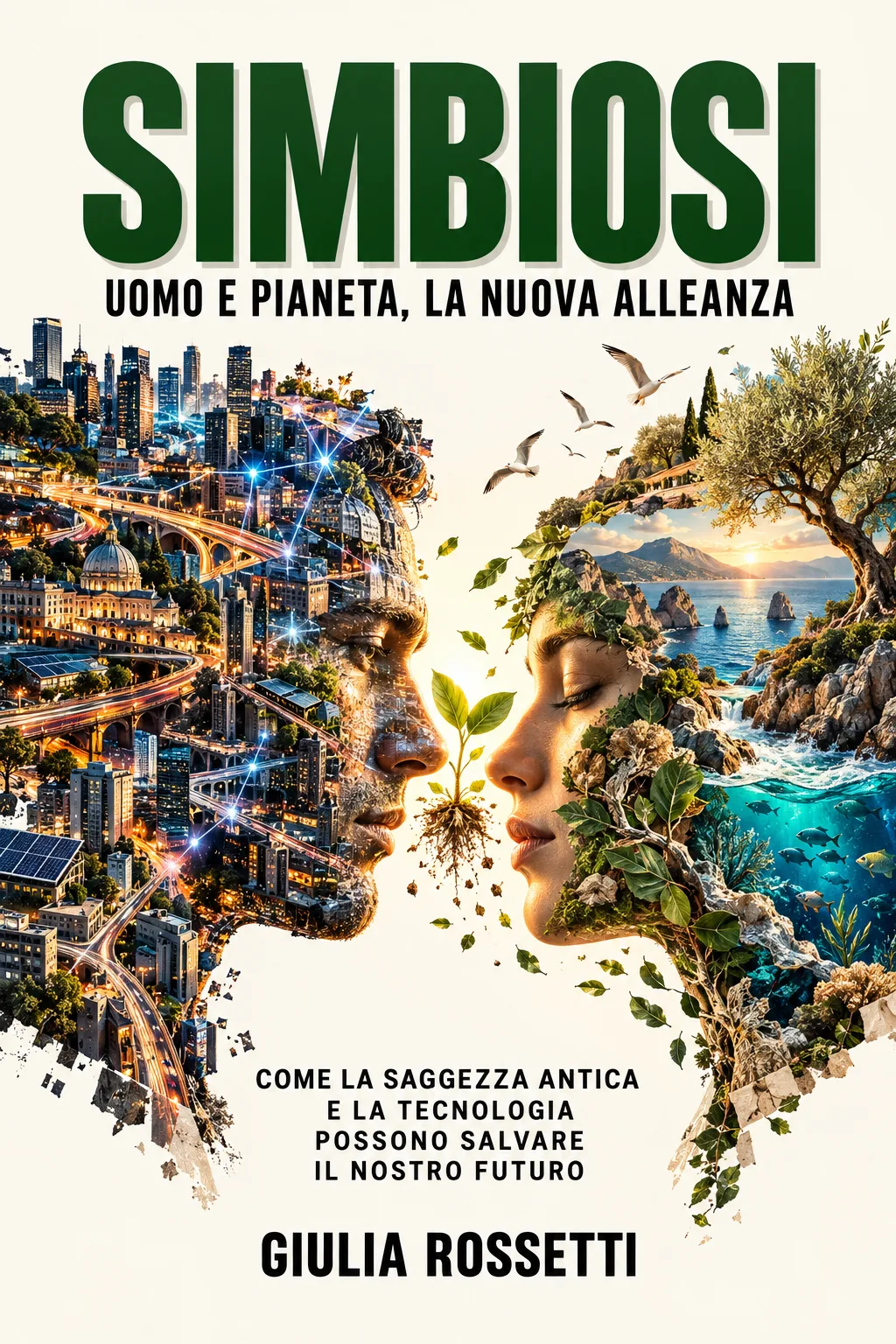 Copertina: «Simbiosi», uomo e pianeta, la nuova alleanza, di Giulia Rossetti: due profili di volti fatti uno di città e uno di natura che quasi si toccano