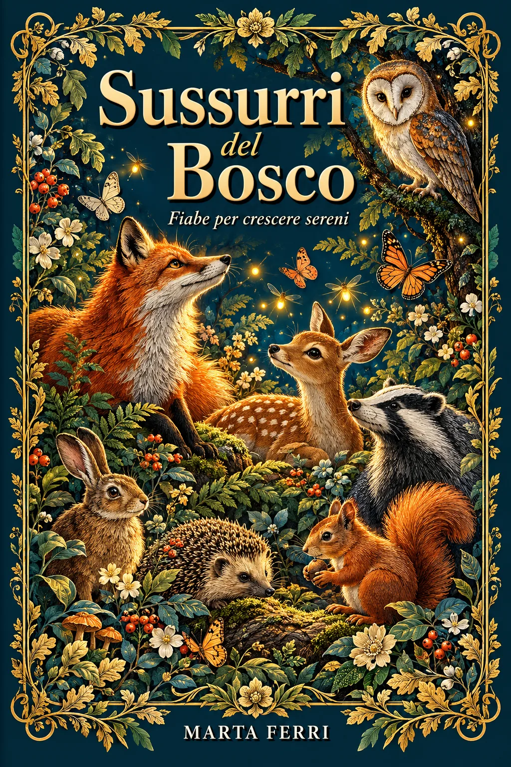Copertina: «Sussurri del Bosco», fiabe per crescere sereni, di Marta Ferri: una volpe, un cerbiatto, un tasso, un riccio e un gufo in una cornice di foglie e fiori, stile libro antico