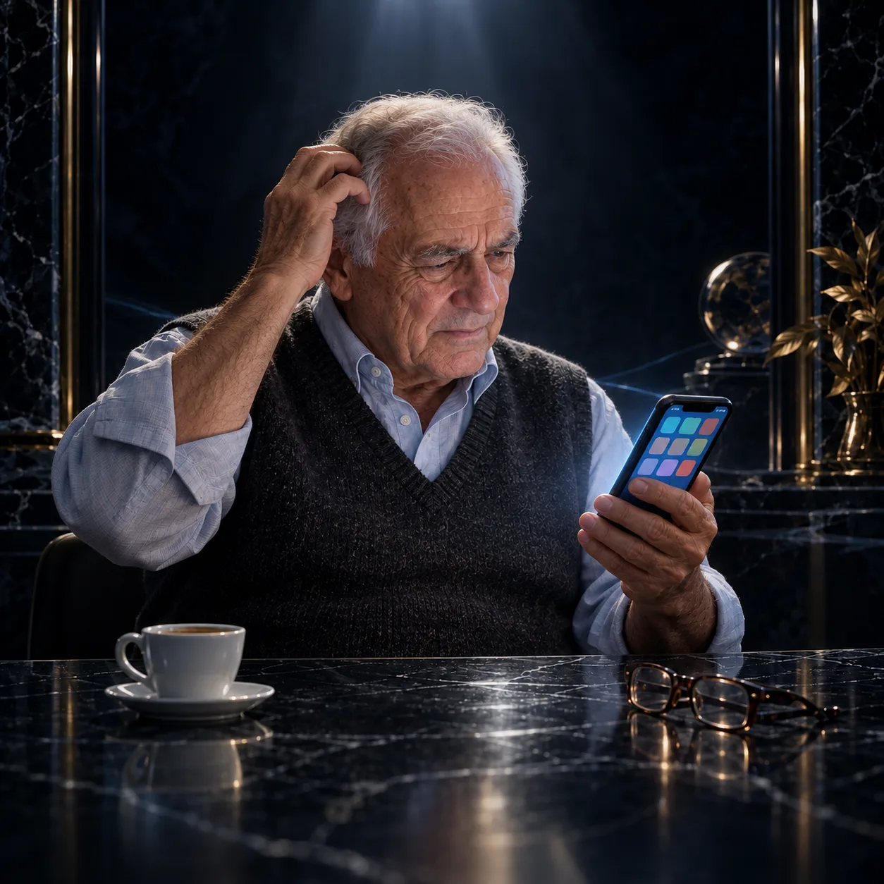 Un signore anziano col gilet di lana scuro si gratta la testa e guarda il telefono, con lo schermo pieno di quadratini colorati tutti uguali; sul tavolo una tazzina di caffè e un paio di occhiali