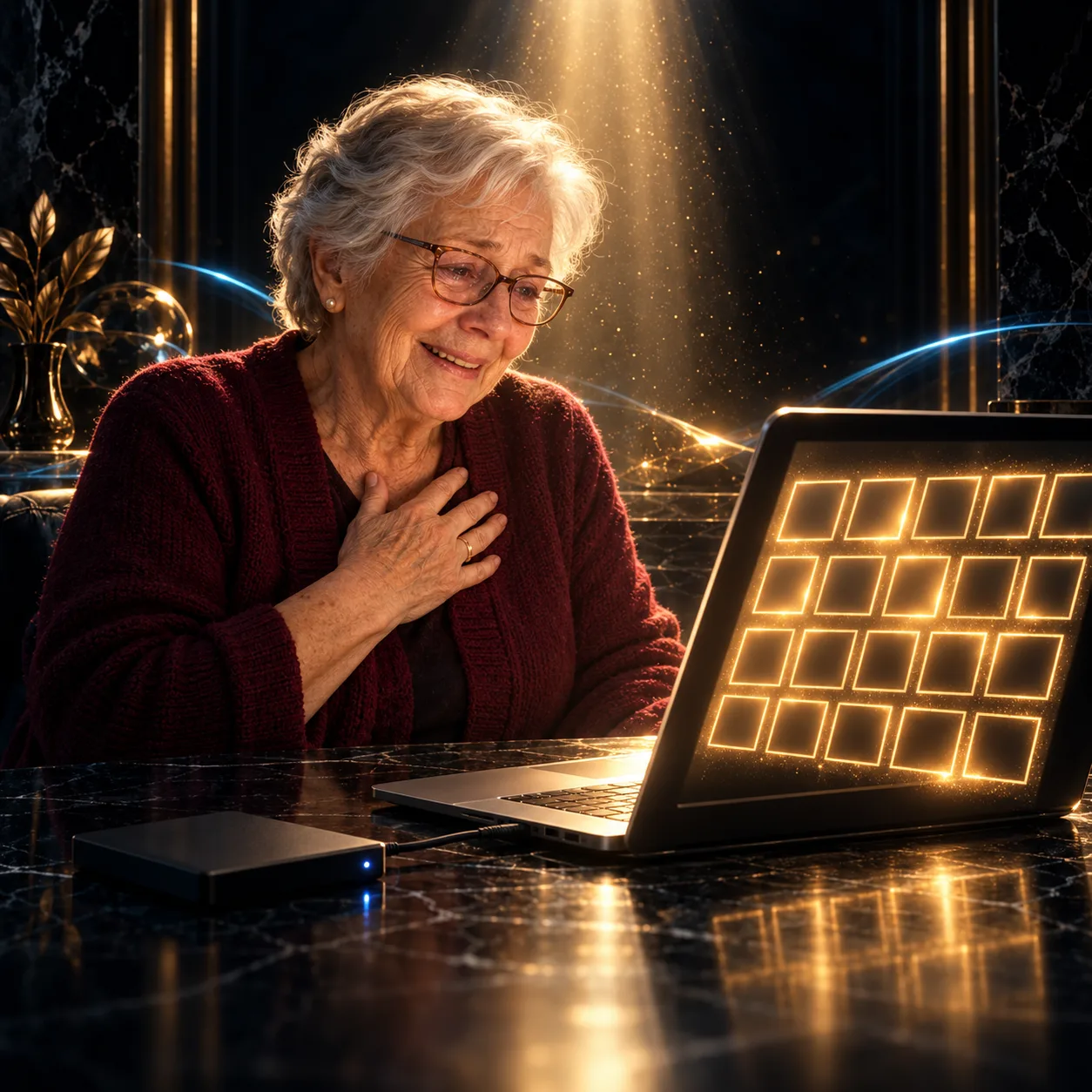 La stessa signora, commossa, si porta la mano al petto e sorride davanti al portatile, il cui schermo si è riempito di cornici d’oro luminose