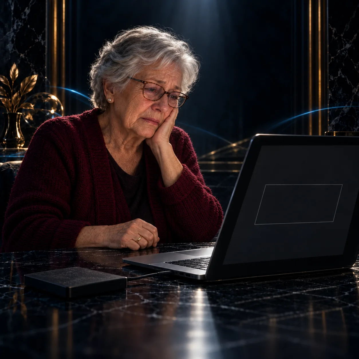Una signora anziana con gli occhiali e il cardigan color vinaccia appoggia la guancia alla mano e guarda triste lo schermo nero del portatile, dove resta solo un riquadro vuoto