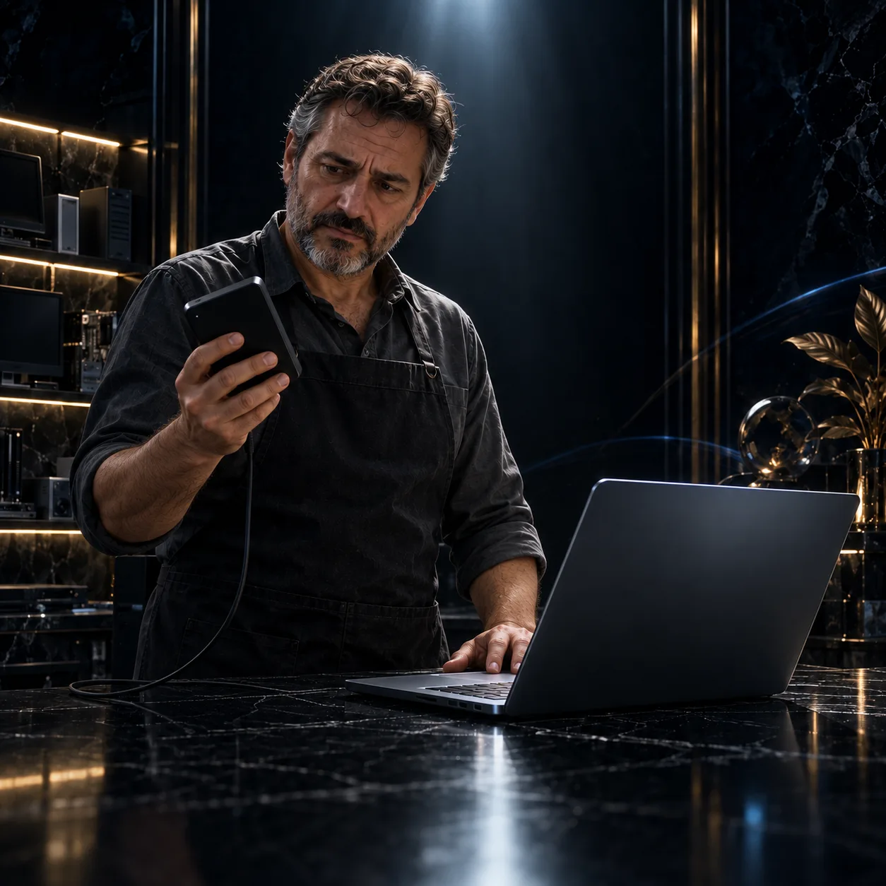 Un negoziante col grembiule scuro e la barba brizzolata solleva un disco esterno e lo guarda preoccupato, davanti al portatile spento e agli scaffali pieni di computer