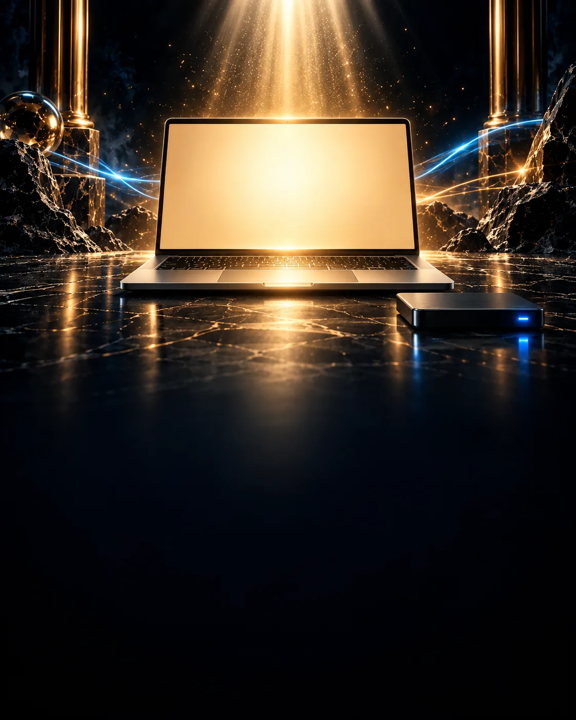 Dopo: lo stesso portatile con lo schermo vuoto, solo luce dorata, e accanto un piccolo disco con la luce azzurra accesa: la copia dei tuoi file