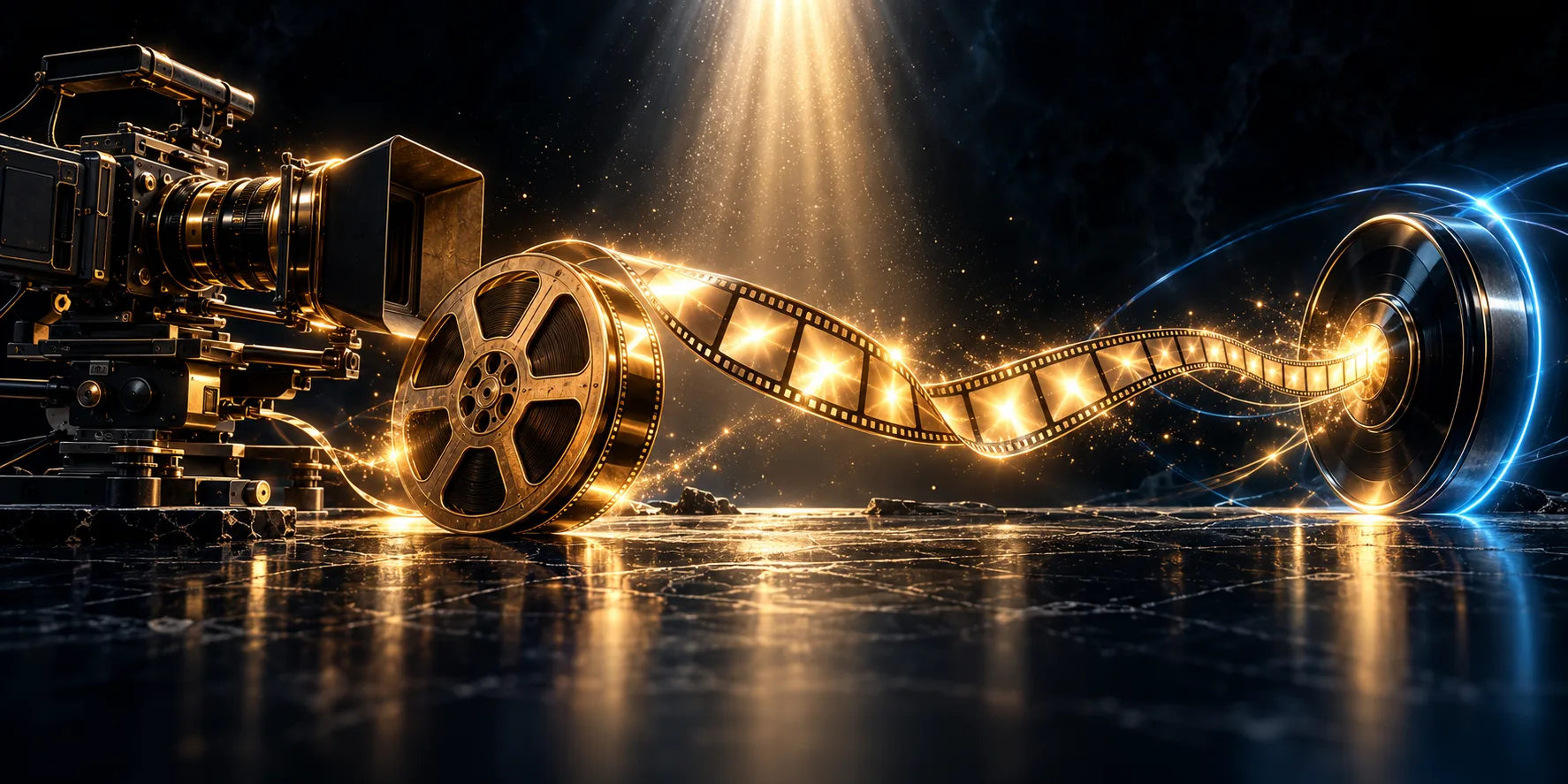 Su un piano di pietra nera, una cinepresa, una bobina d’oro da cui si srotola la pellicola, e i fotogrammi sempre più piccoli e luminosi che entrano in un solo disco con la luce azzurra