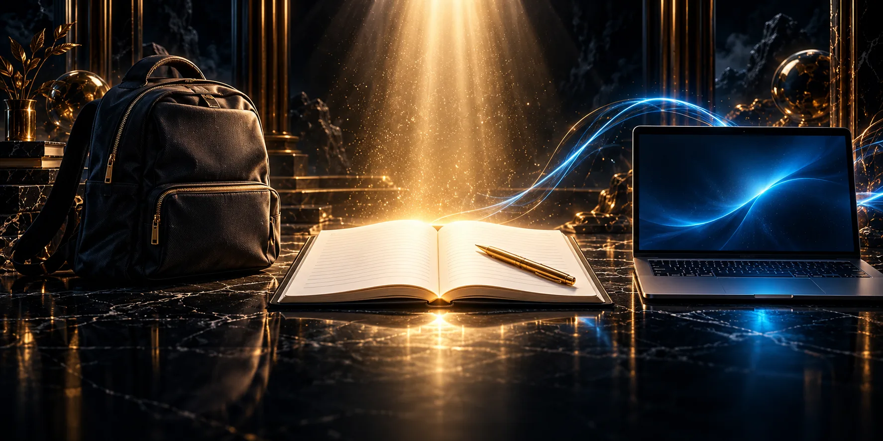 Su un lungo piano di pietra nera, da sinistra: uno zaino di scuola scuro con le cerniere d’oro, un quaderno aperto con le pagine a righe vuote e una penna d’oro sopra, il più illuminato dalla luce dorata che scende dall’alto, e un portatile con lo schermo azzurro acceso; tra il quaderno e lo schermo passa nell’aria una linea di luce azzurra