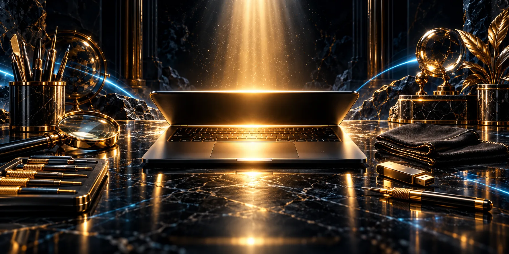 Il banco di lavoro: un lungo piano di pietra nera con un portatile aperto a metà e, in fila, cacciaviti di precisione col manico d’oro, una lente, una chiavetta e un panno nero