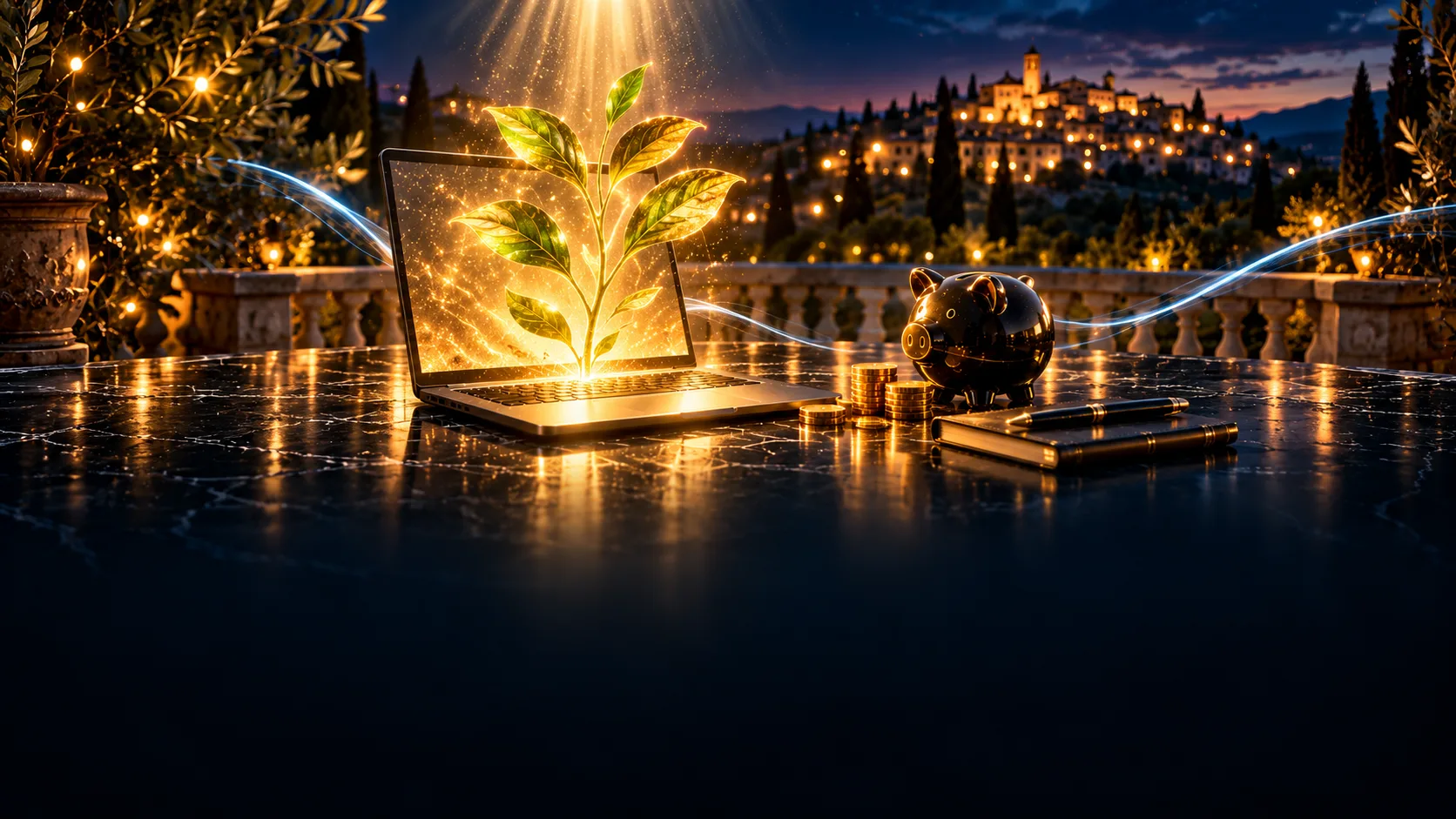 Su una terrazza di notte, col paese illuminato alle spalle, un portatile acceso da cui sale una pianticella di luce con le foglie d’oro; accanto un salvadanaio scuro, monete d’oro e un quaderno con la penna