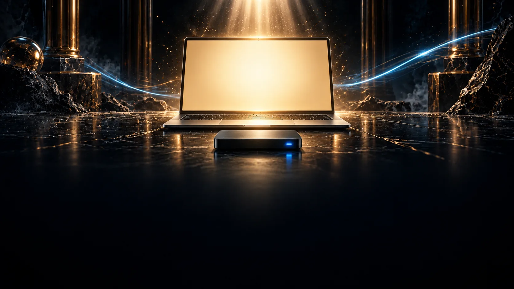 Un portatile aperto su un piano di pietra nera, con lo schermo acceso vuoto e pulito di luce dorata, e davanti un piccolo disco con la luce azzurra: la copia dei file messa da parte