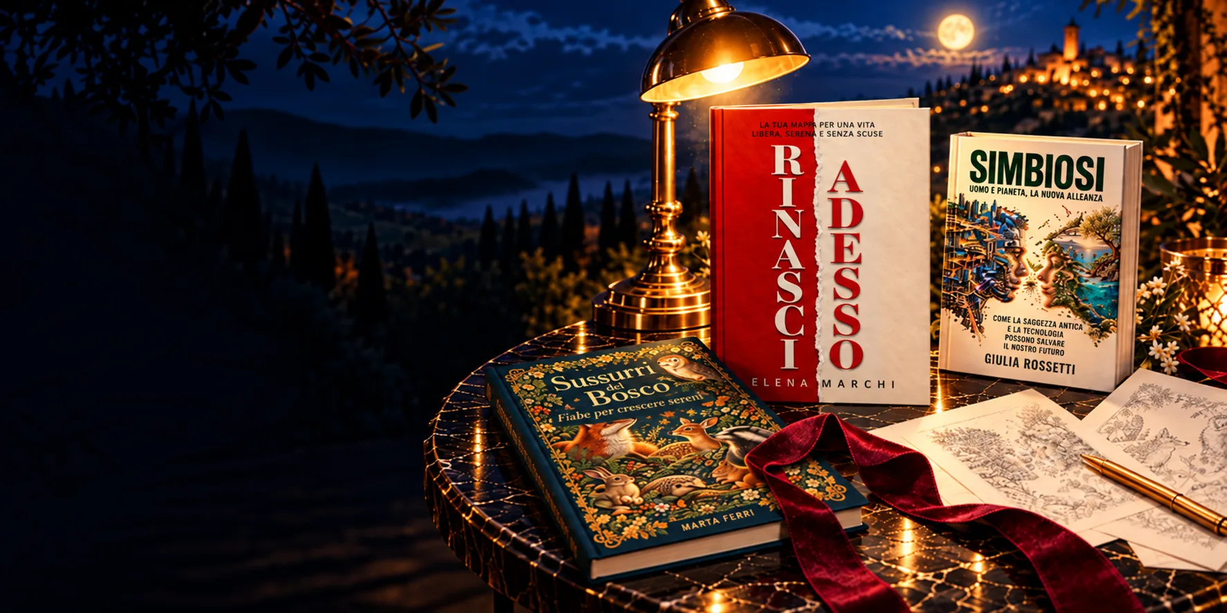 Su una terrazza di notte, col paese illuminato e la luna dietro, sul tavolo di marmo nero sotto una lampada d’ottone: tre libri stampati, «Rinasci adesso» rosso e bianco in piedi, «Simbiosi» accanto, «Sussurri del Bosco» steso davanti, e dei fogli con i bozzetti a matita delle copertine e una penna d’oro