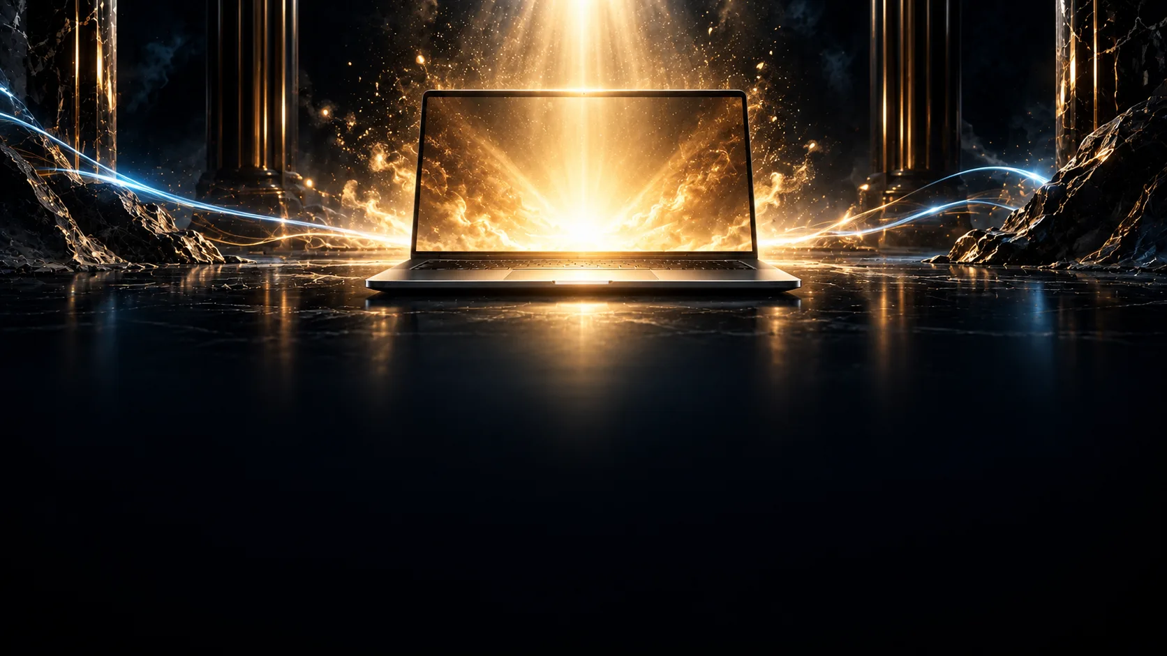 Un portatile aperto su un piano di pietra nera, fra colonne d’oro: lo schermo emette una luce calda nel buio, e nella luce una nuvola di polvere diventa scintille