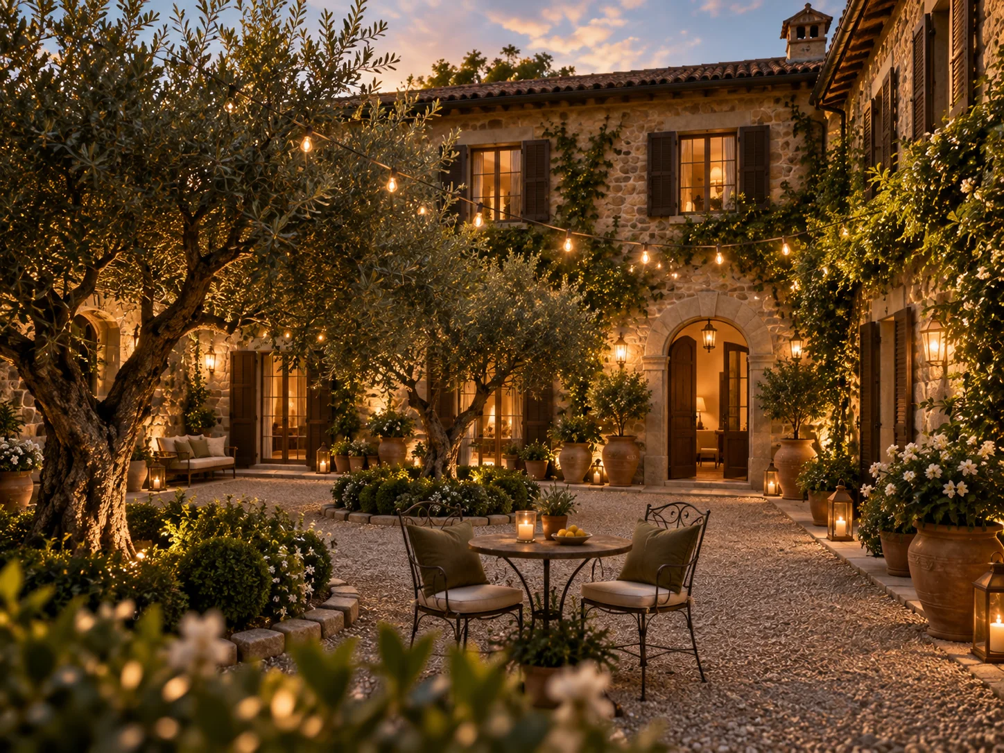 La corte della casa con gli ulivi e le luci, la sera