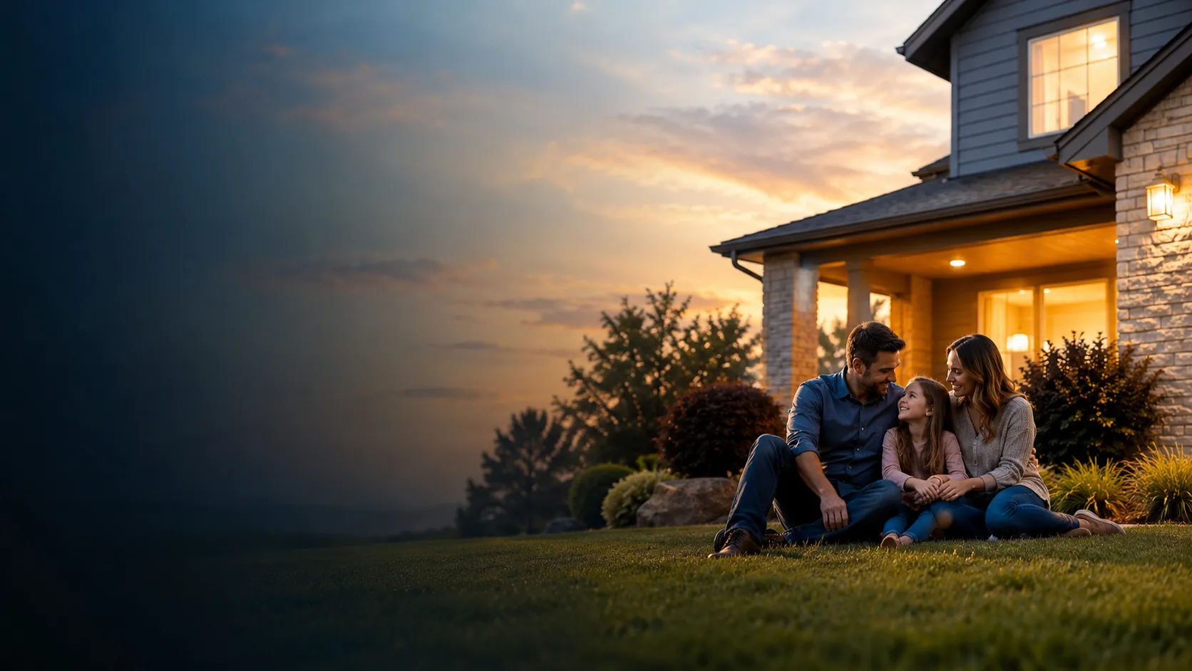 A family relaxing on the lawn of their glowing modern Texas home at golden hour