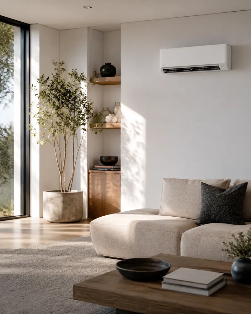 Bright living room with a wall-mounted air system and plants