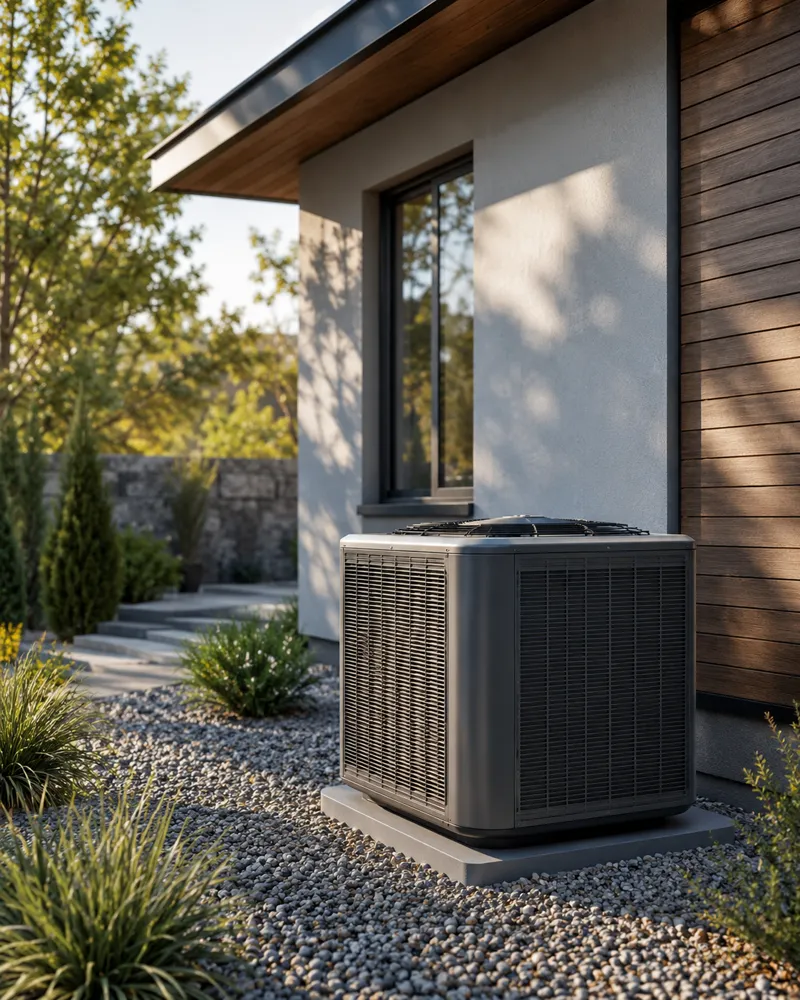 Premium modern heat pump installation beside a landscaped Texas home