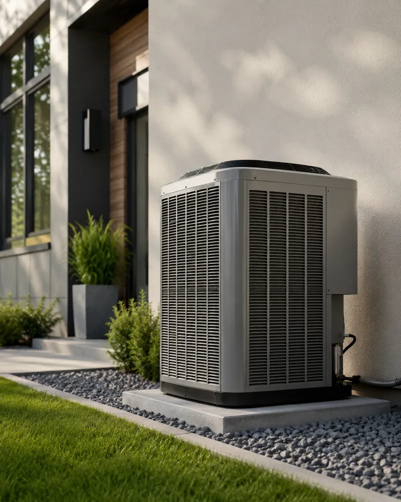 New high-efficiency outdoor AC unit beside a modern Austin home