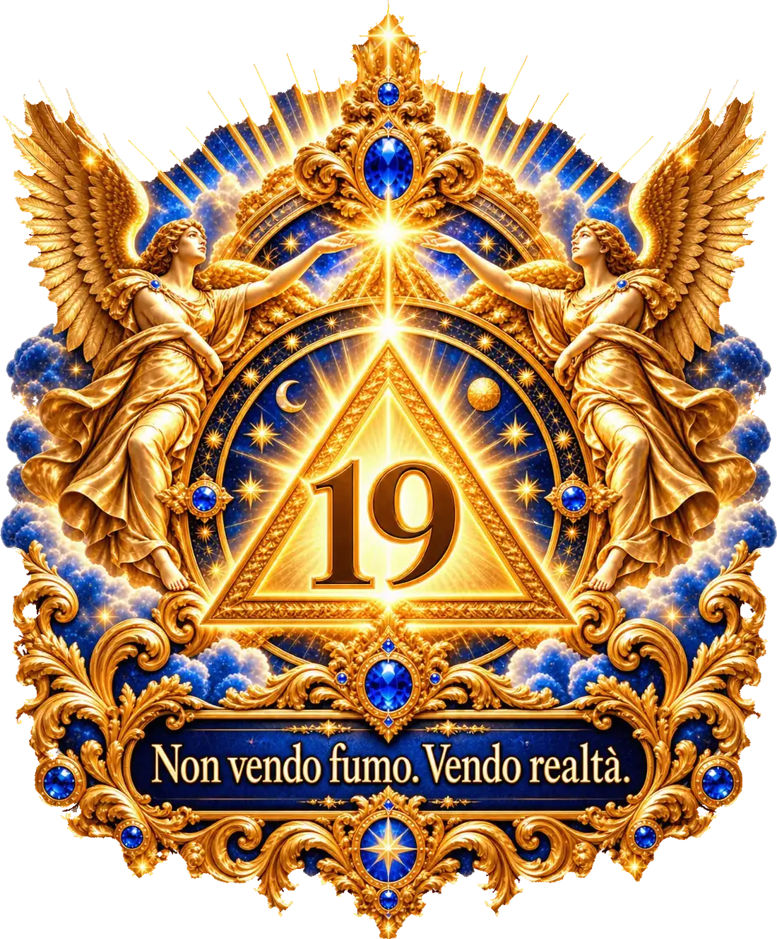 Due angeli attorno a un triangolo di luce con inciso il numero 19