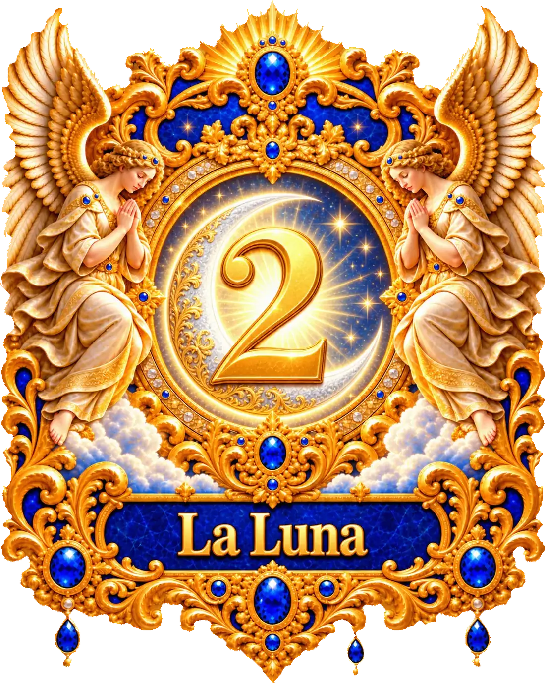 Il medaglione del 2: il numero 2 d'oro fra due angeli in preghiera, e sotto la targa «Luna»