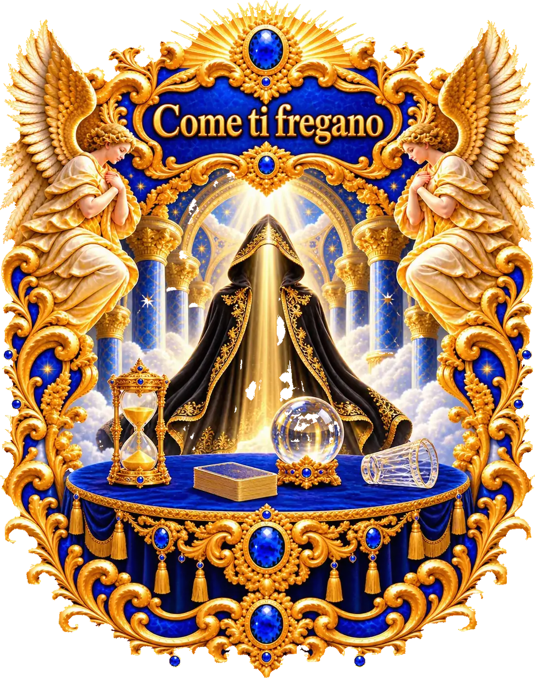 Il tavolo di una cartomante con carte, sfera e candele; una mano tira via il velo nero e sotto si vedono gli ingranaggi d'oro del trucco; in alto la targa «Come ti fregano»
