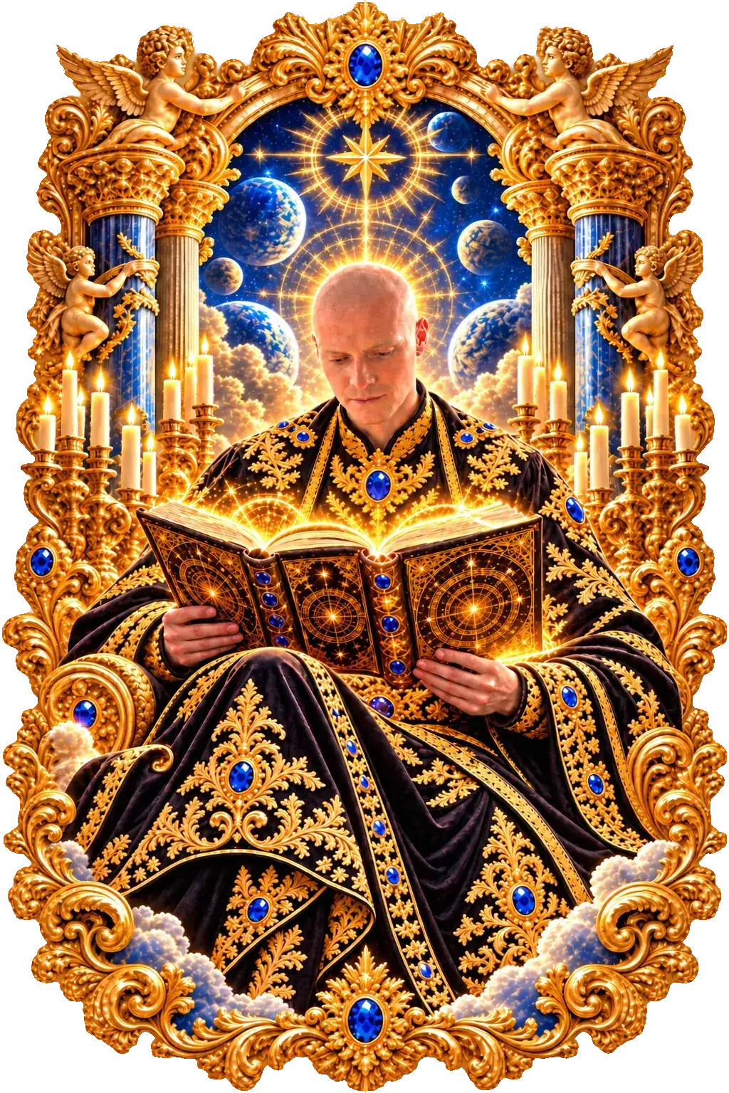 ENIGMA che studia un libro antico di simboli d'oro