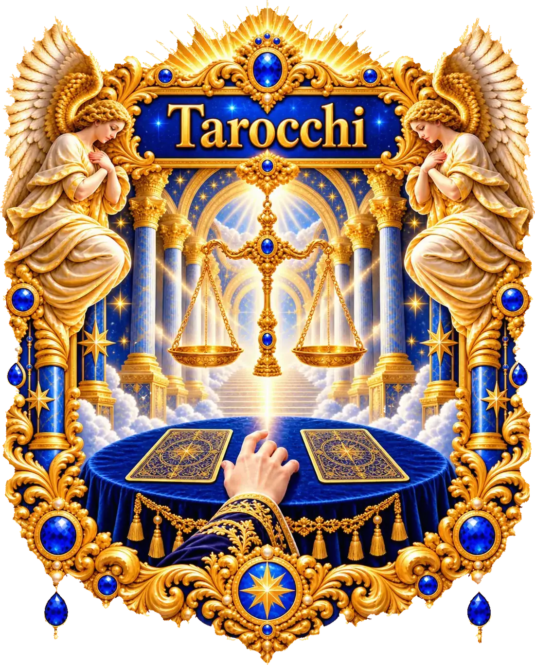 Una mano esita sospesa fra due carte coperte, sotto una bilancia d'oro in equilibrio; in alto la targa «Tarocchi»