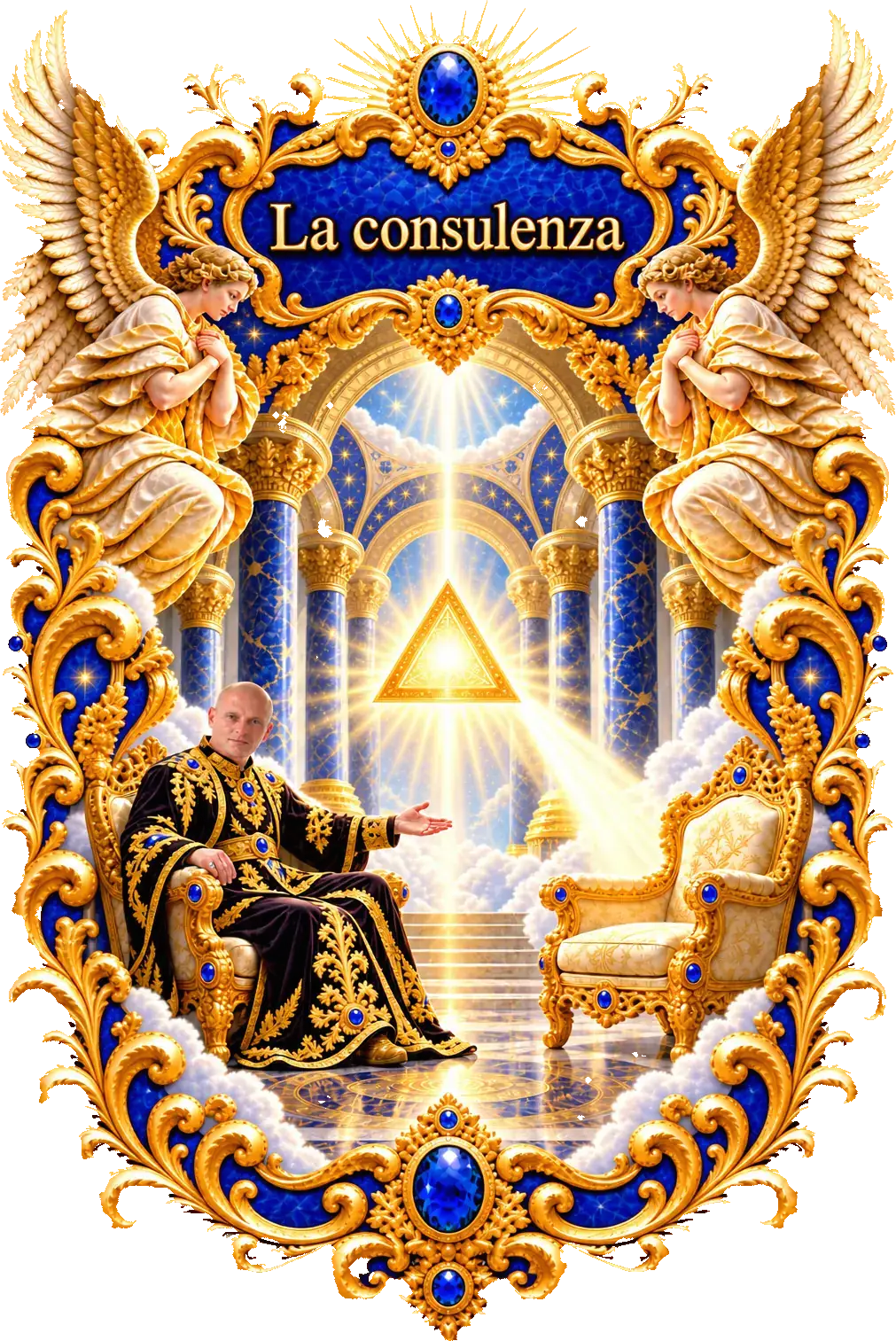 ENIGMA seduto su una poltrona d'oro nella sala del tempio, con la mano tesa verso la poltrona vuota di fronte, illuminata