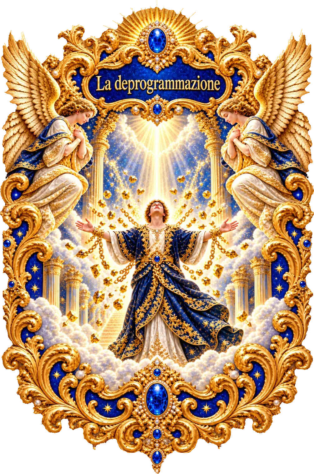 Una figura a braccia aperte mentre le catene d'oro che la legavano si spezzano in scintille di luce
