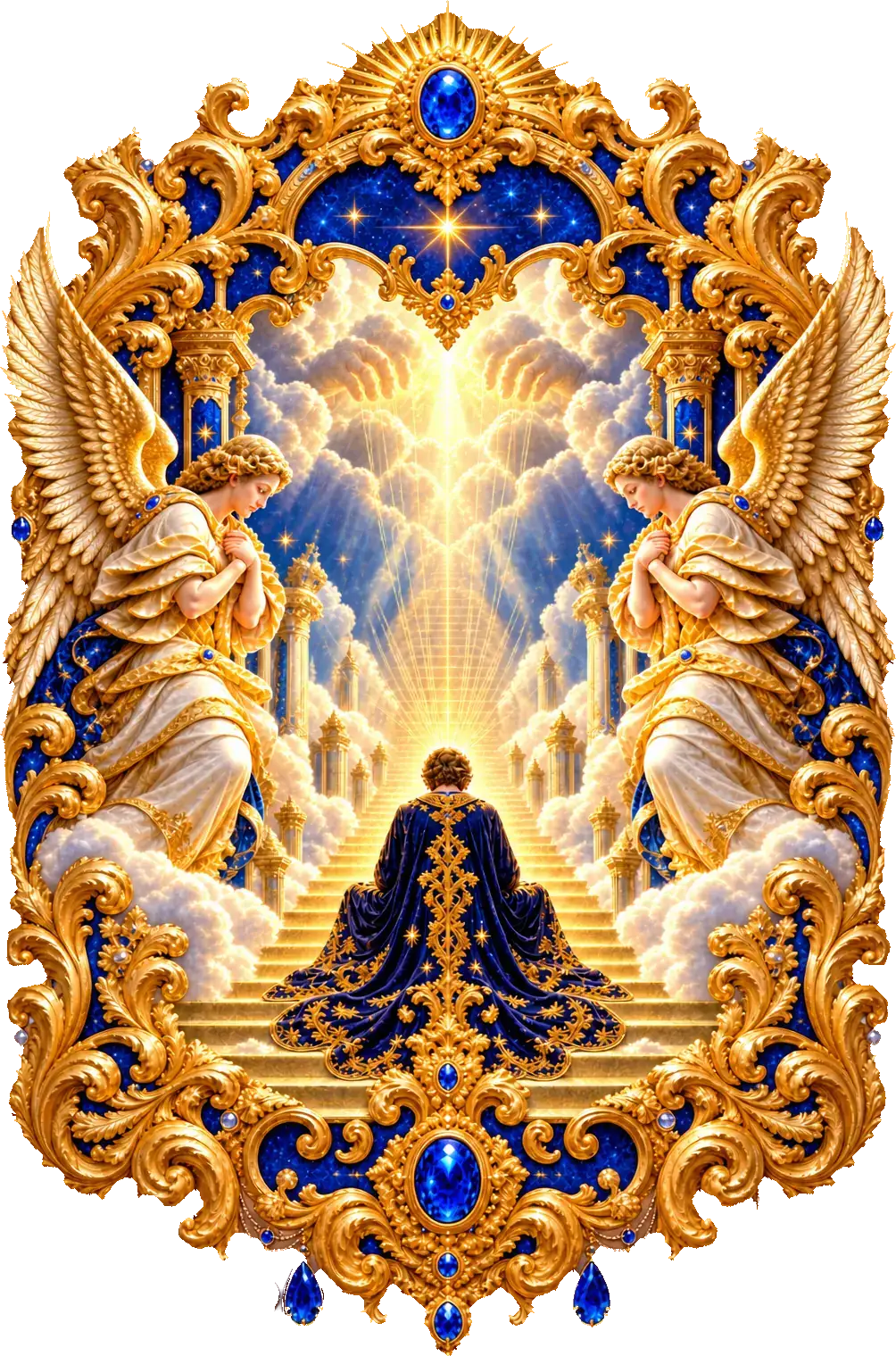 Una figura seduta di spalle su una scala di luce; dalla sua testa salgono fili d'oro verso mani nascoste tra le nuvole, mentre due angeli pregano ai lati