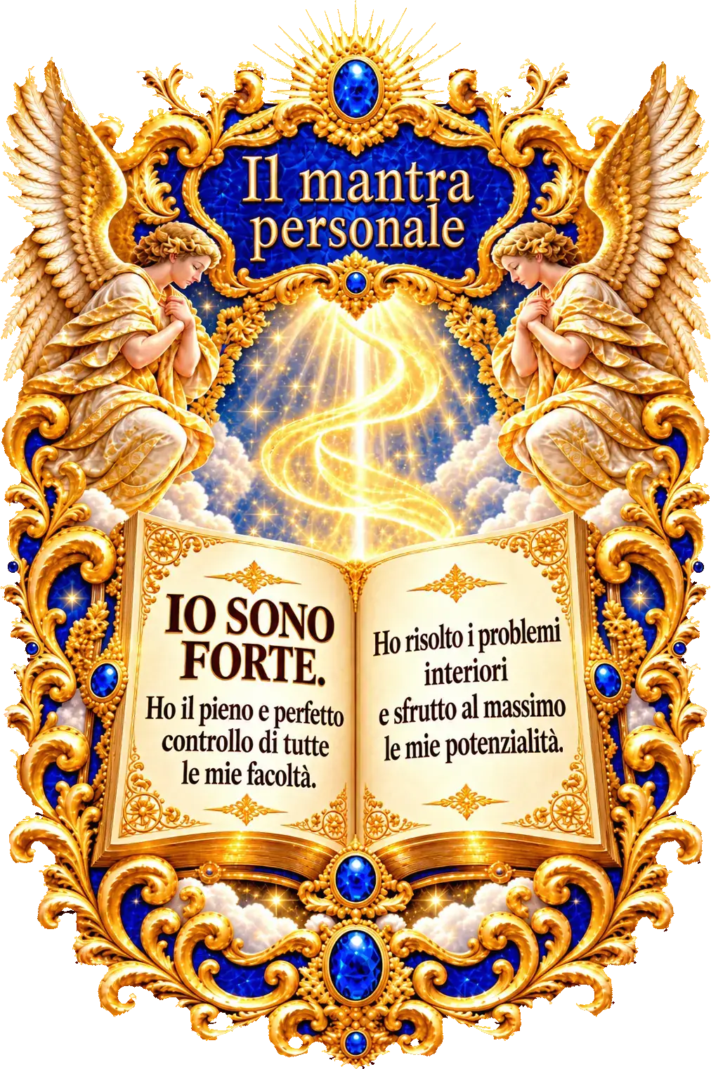 Un libro d'oro aperto che emana luce, con un mantra scritto sulle pagine, tra due angeli in preghiera
