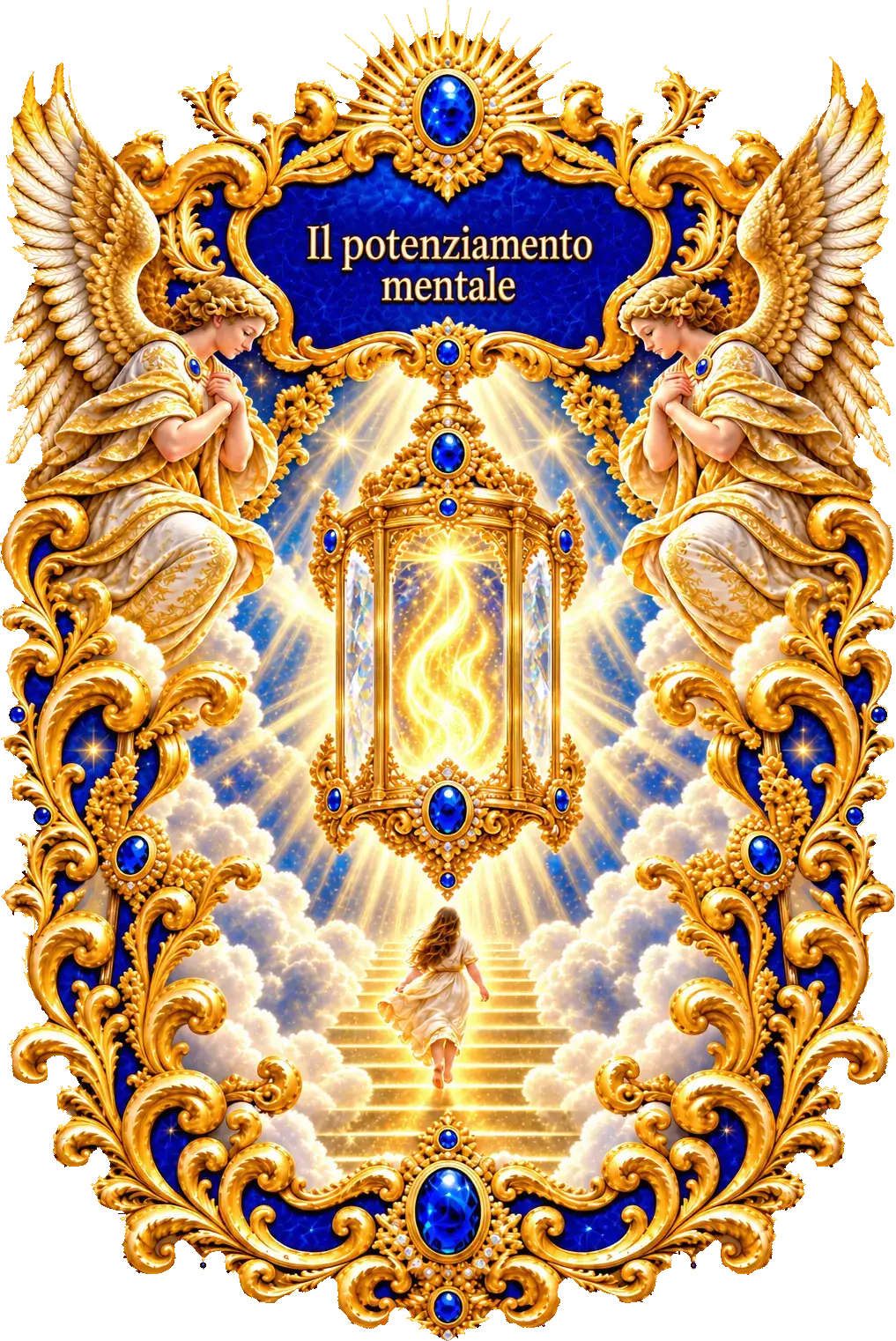 Una lanterna di cristallo con una fiamma d'oro che cresce, e una figura che sale una scala di luce verso di lei