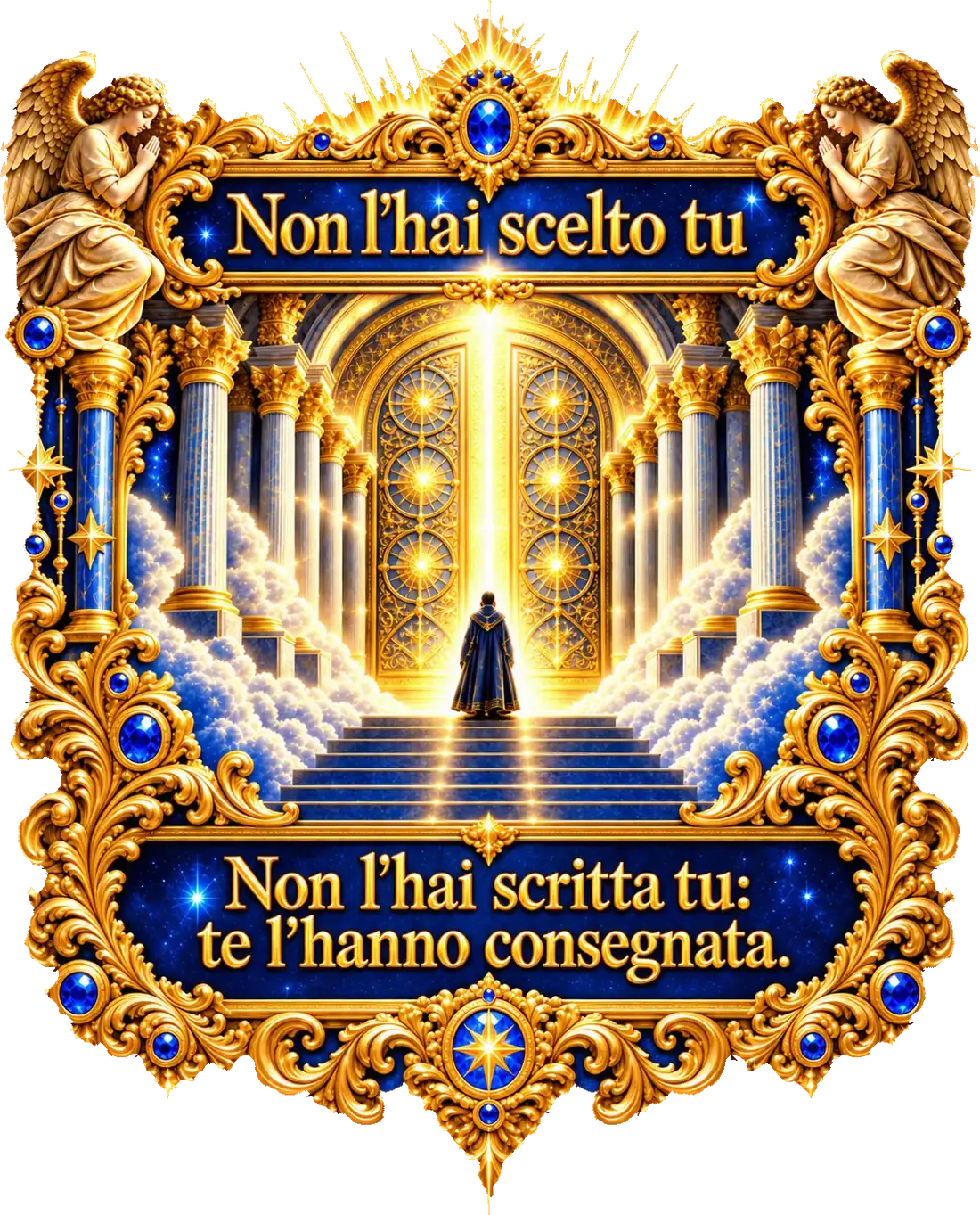 Una figura di spalle davanti a una porta d'oro socchiusa, in cima a una scala fra le nuvole