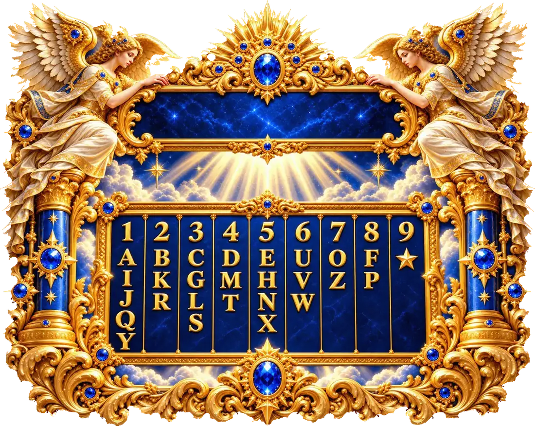 La tavola caldea dipinta in oro su blu: sopra i numeri da 1 a 9, sotto ogni numero le sue lettere