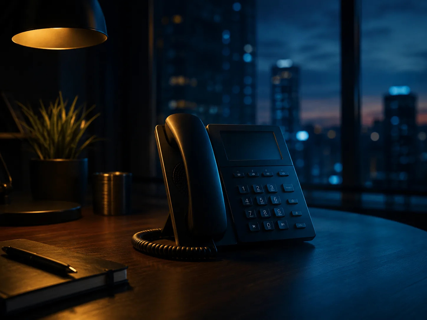 Un telefono da ufficio con lo schermo spento su una scrivania in ordine, al crepuscolo, con le luci della città dietro il vetro.
